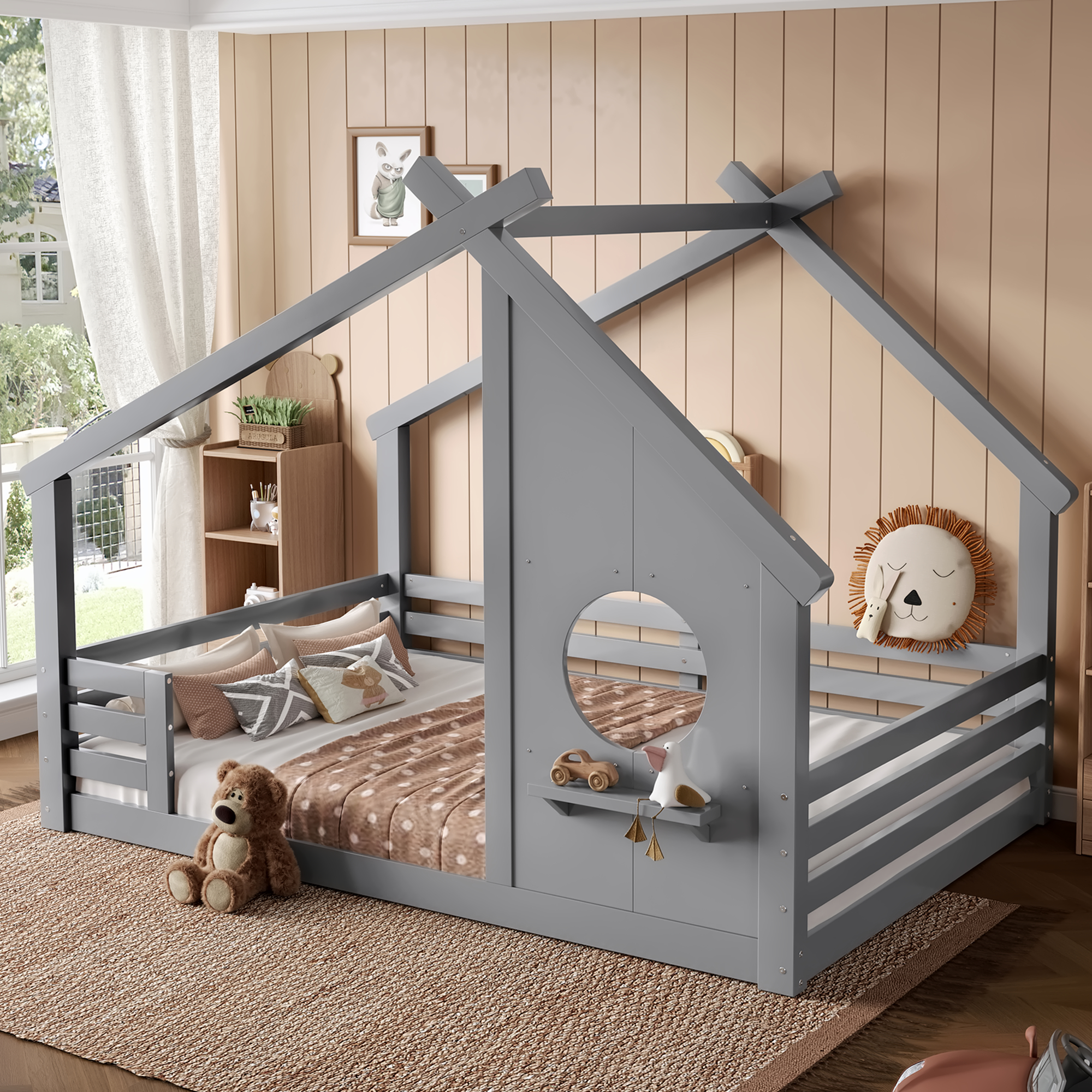 Full House Floor Bed with Window and a Small Shelf, Solid Wood Floor Bed with House-shaped Roof, No Spring Box Needed, Grey - Image 3