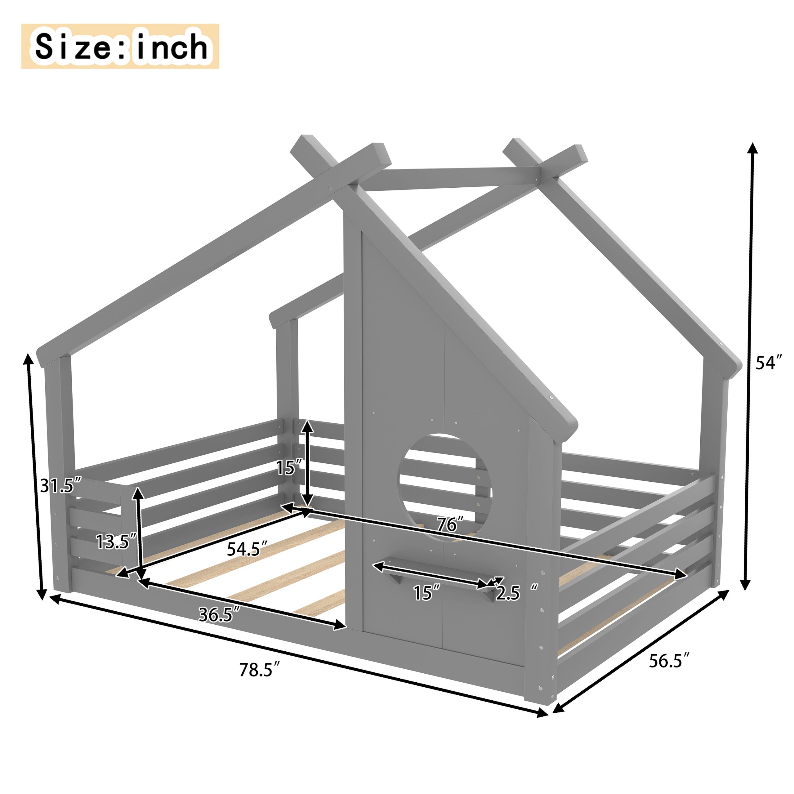 Full House Floor Bed with Window and a Small Shelf, Solid Wood Floor Bed with House-shaped Roof, No Spring Box Needed, Grey - Image 4