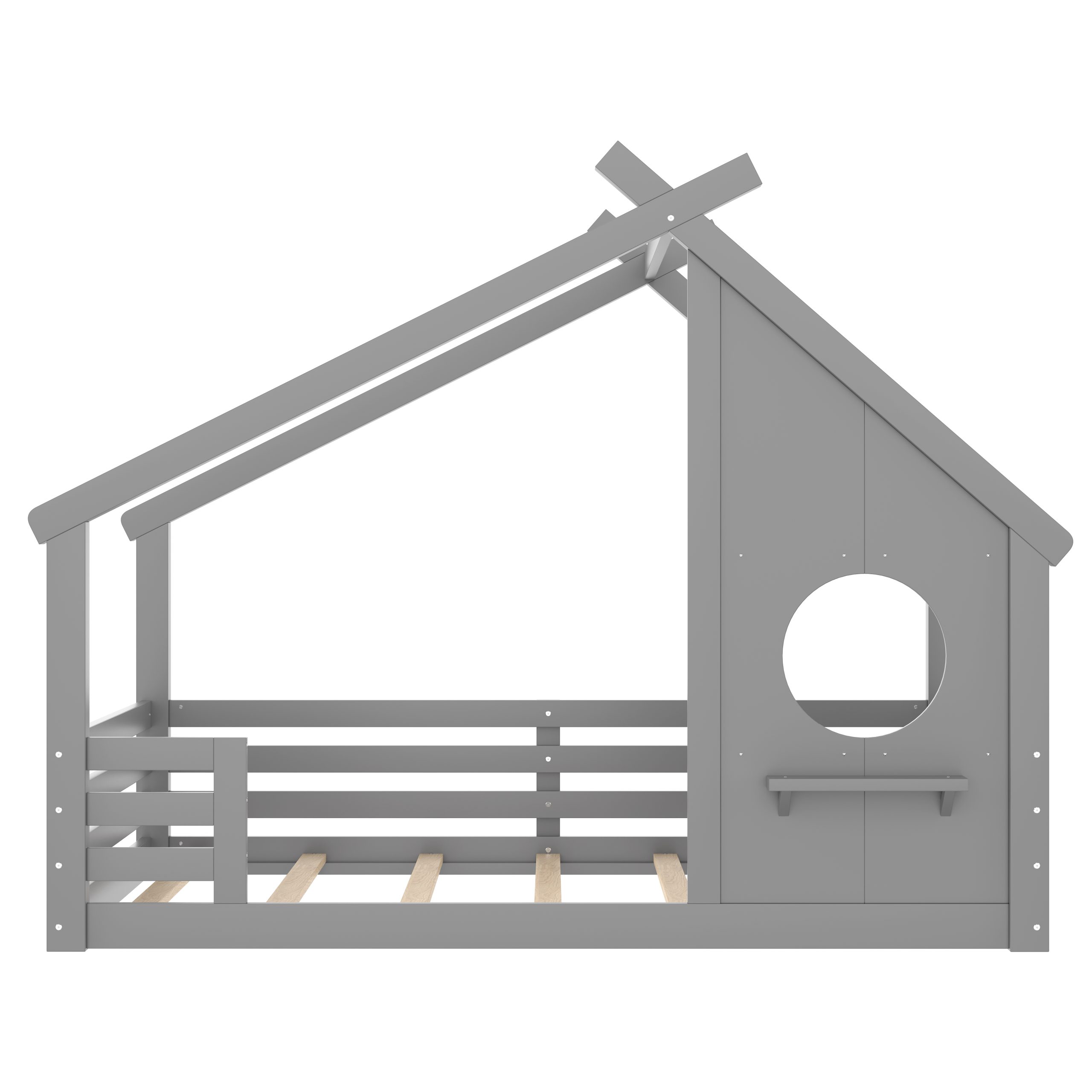 Full House Floor Bed with Window and a Small Shelf, Solid Wood Floor Bed with House-shaped Roof, No Spring Box Needed, Grey - Image 5