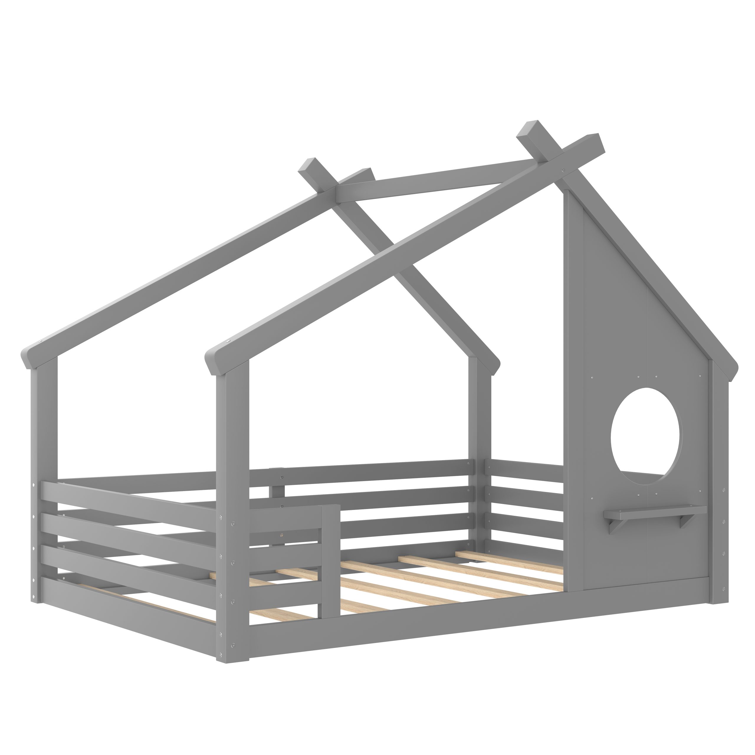 Full House Floor Bed with Window and a Small Shelf, Solid Wood Floor Bed with House-shaped Roof, No Spring Box Needed, Grey - Image 6