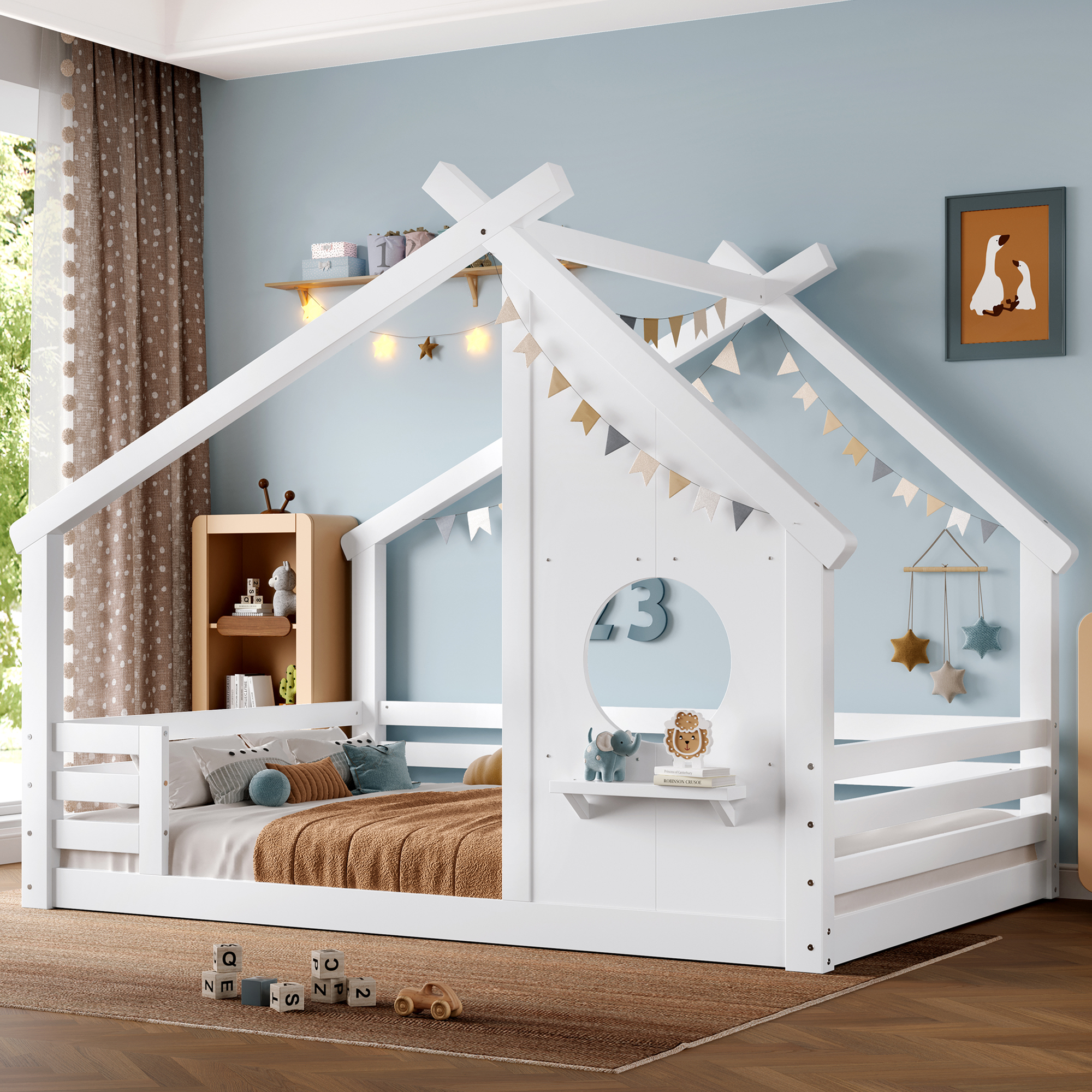 Full House Floor Bed with Window and a Small Shelf, Solid Wood Floor Bed with House-shaped Roof, No Spring Box Needed,White