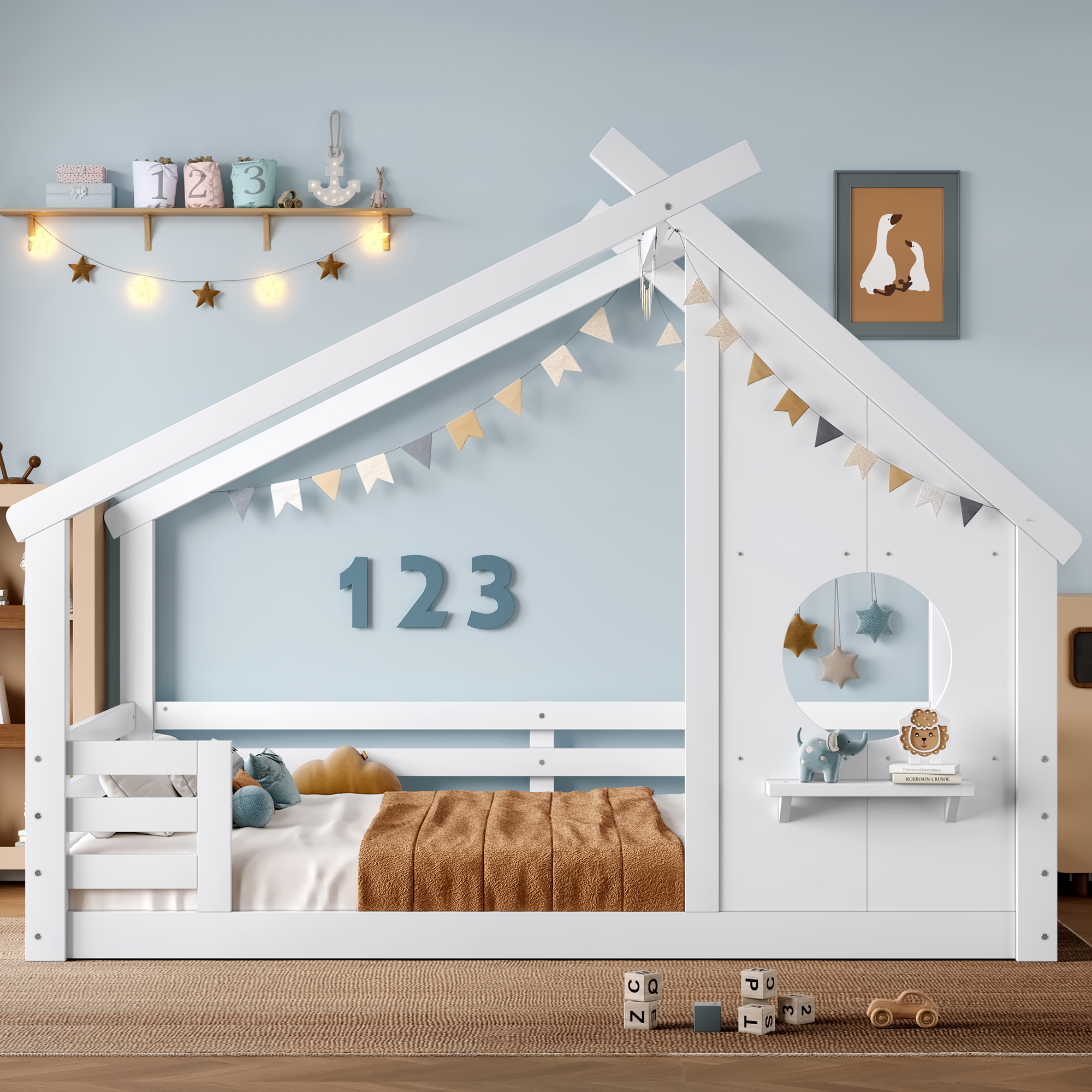 Full House Floor Bed with Window and a Small Shelf, Solid Wood Floor Bed with House-shaped Roof, No Spring Box Needed,White - Image 2