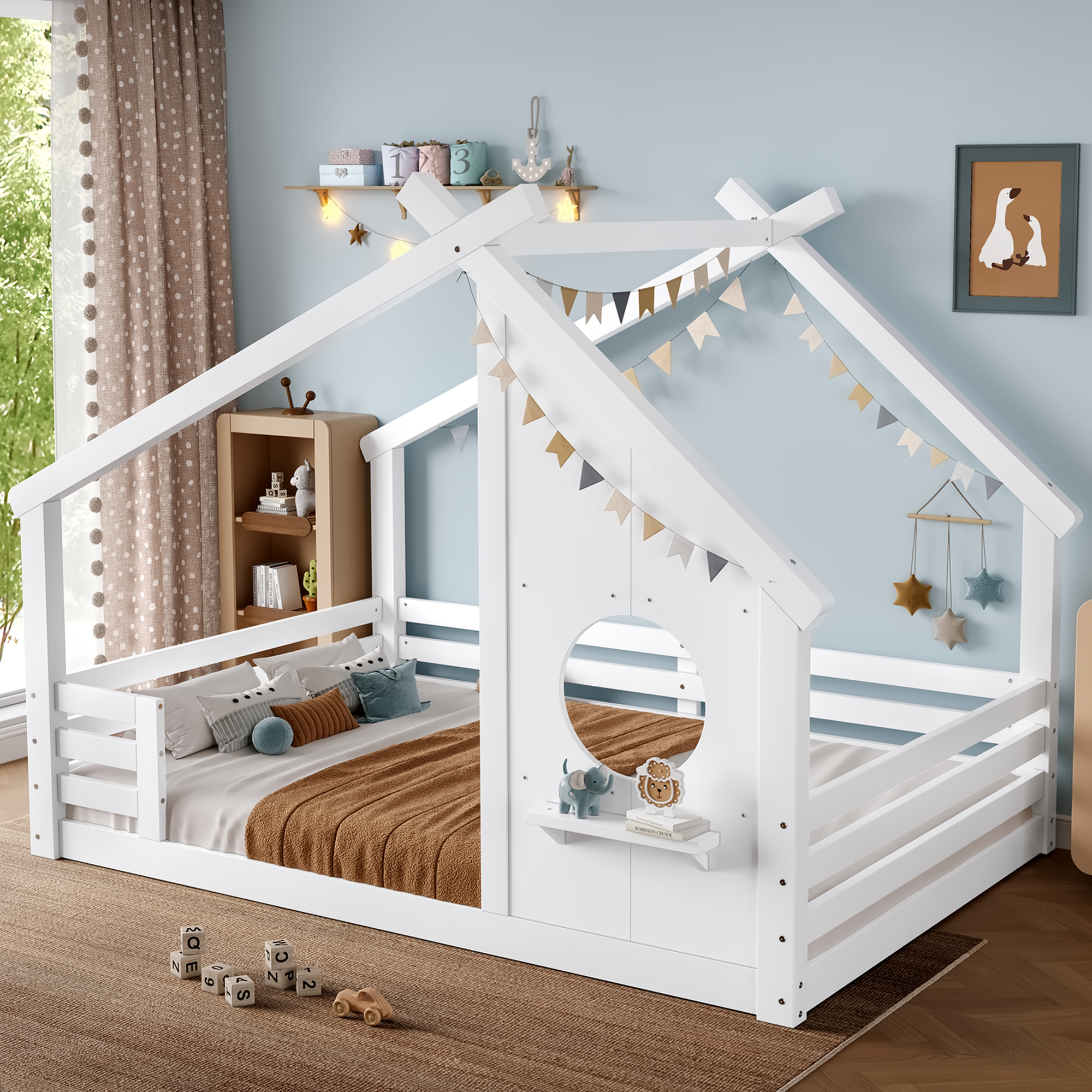 Full House Floor Bed with Window and a Small Shelf, Solid Wood Floor Bed with House-shaped Roof, No Spring Box Needed,White - Image 3