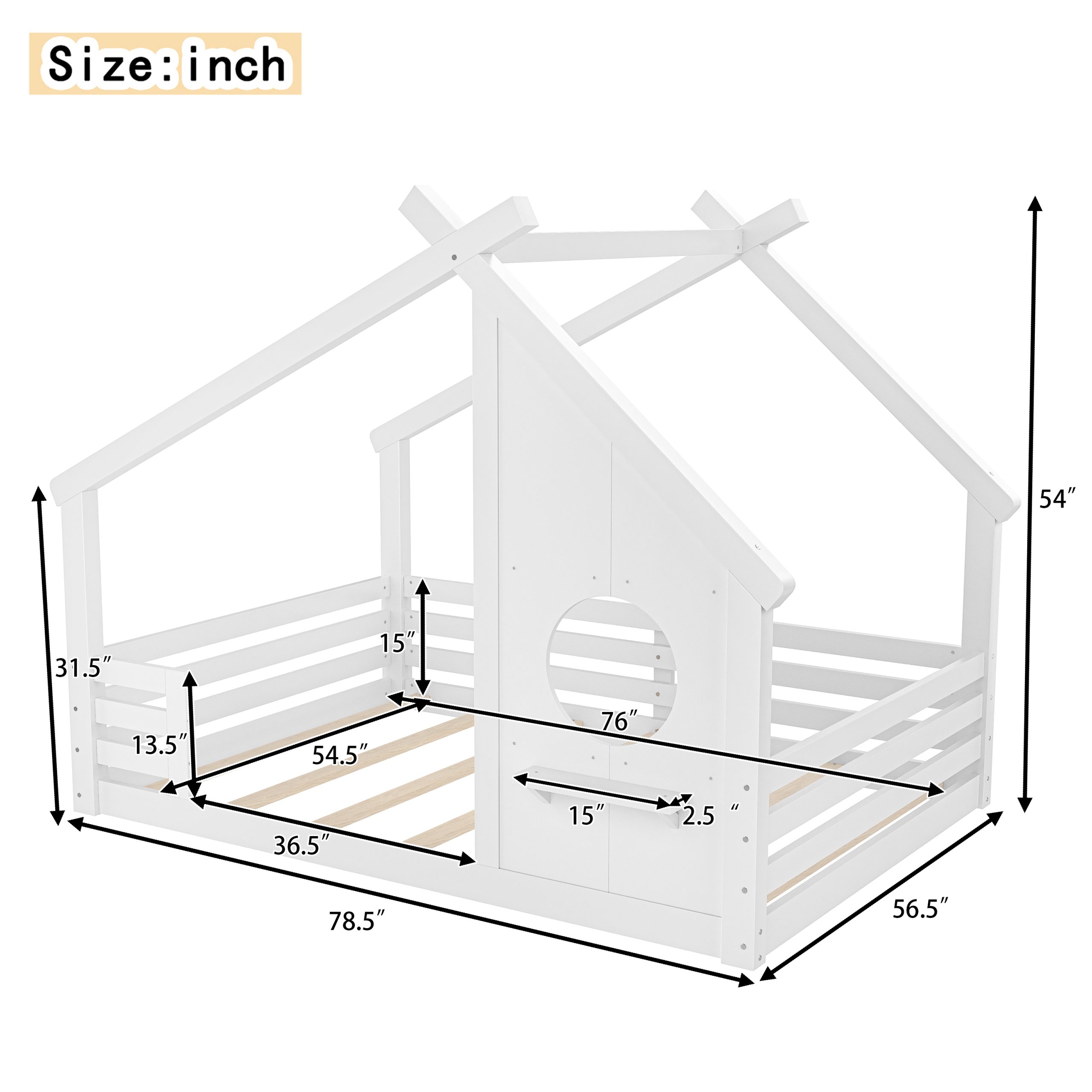 Full House Floor Bed with Window and a Small Shelf, Solid Wood Floor Bed with House-shaped Roof, No Spring Box Needed,White - Image 4