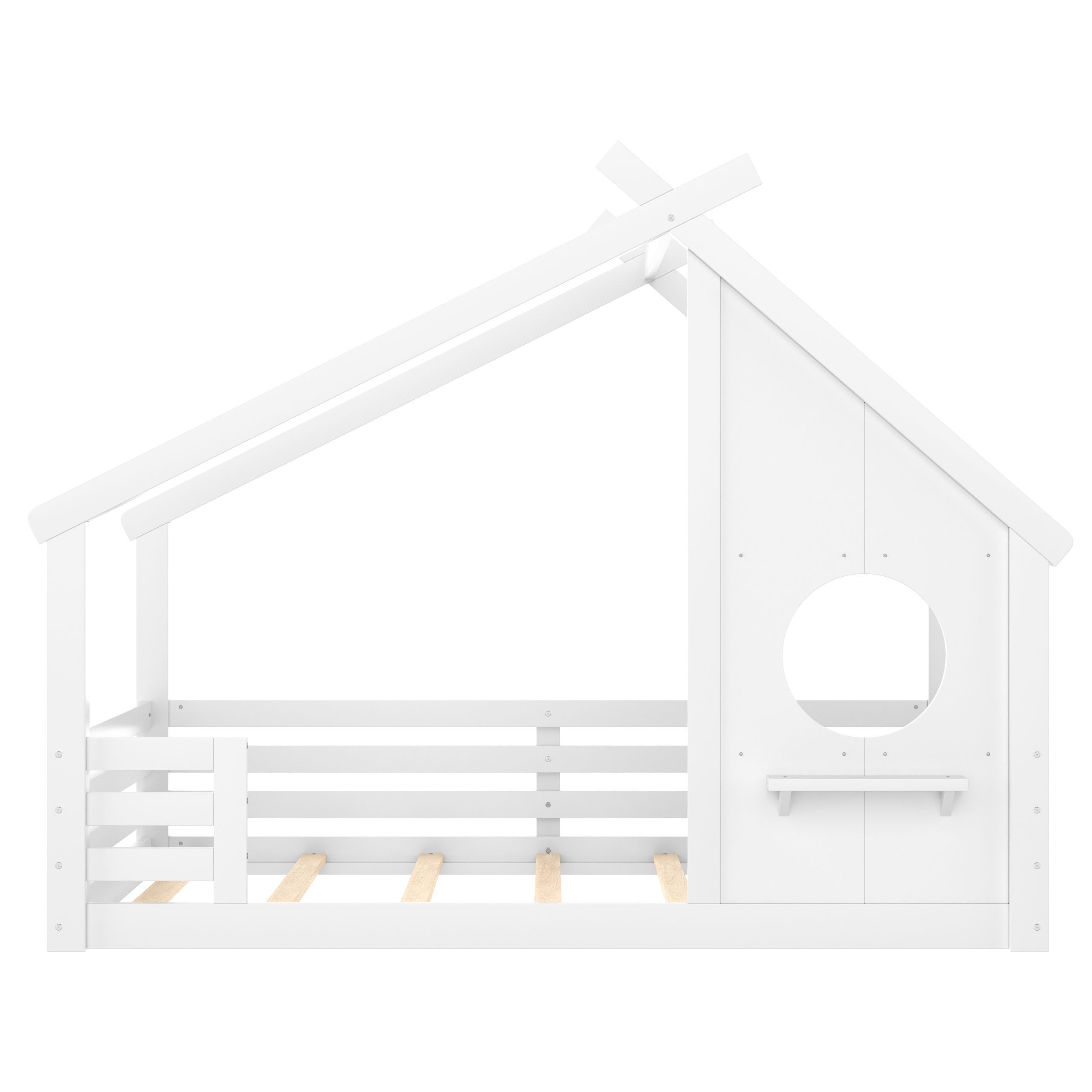 Full House Floor Bed with Window and a Small Shelf, Solid Wood Floor Bed with House-shaped Roof, No Spring Box Needed,White - Image 5