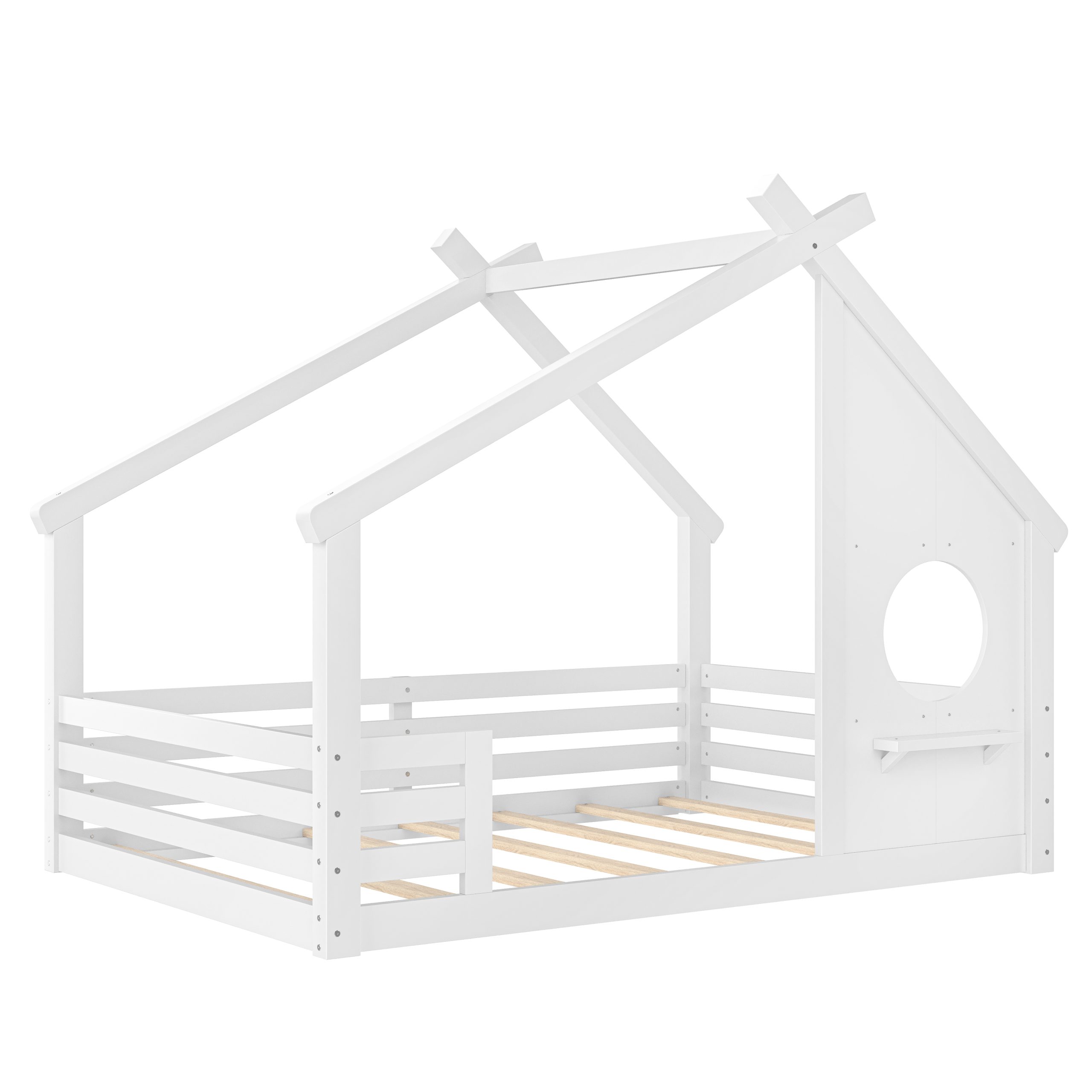 Full House Floor Bed with Window and a Small Shelf, Solid Wood Floor Bed with House-shaped Roof, No Spring Box Needed,White - Image 6