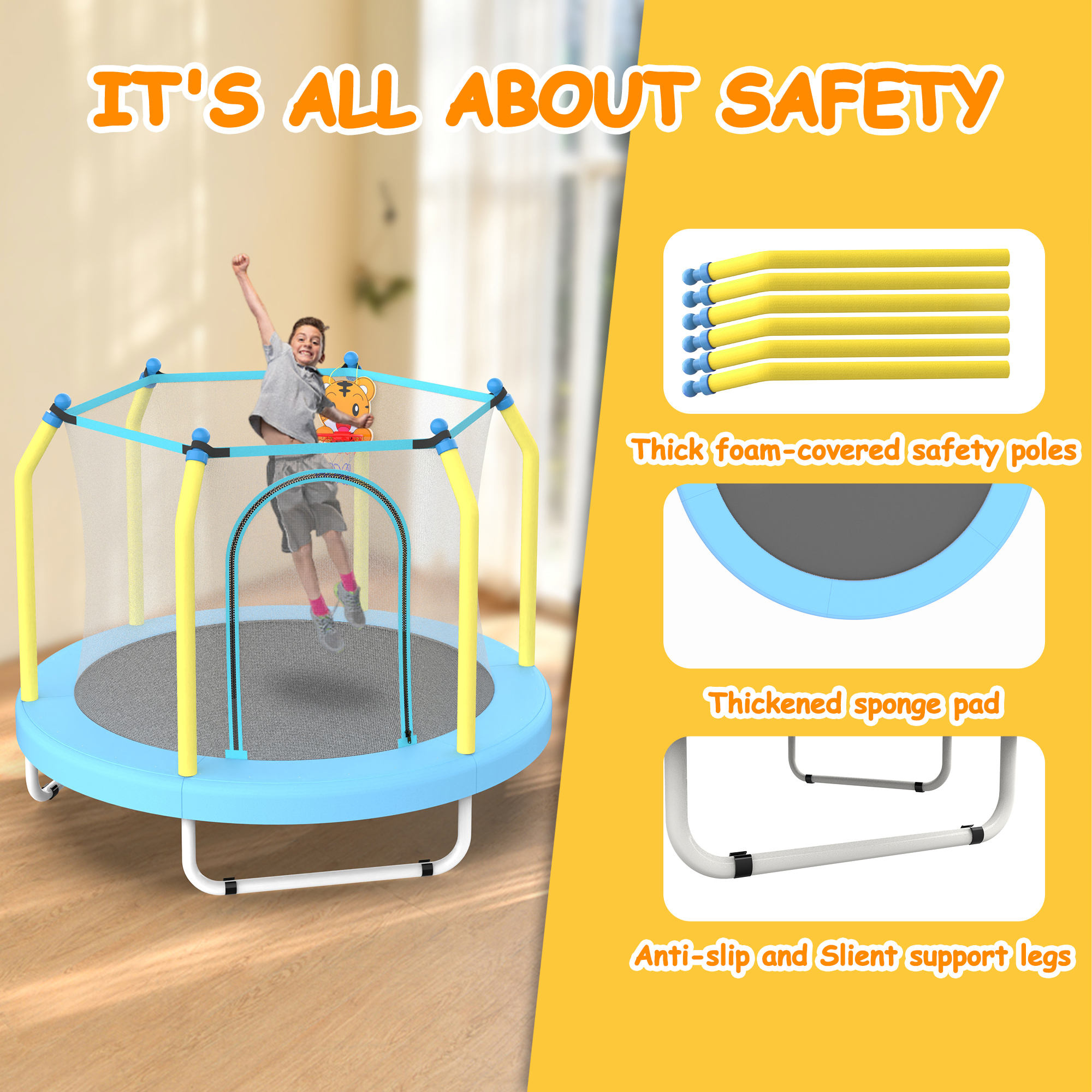 55-inch Trampoline for Kids Indoor & Outdoor Small Toddler Trampoline with Basketball Hoop - Image 6