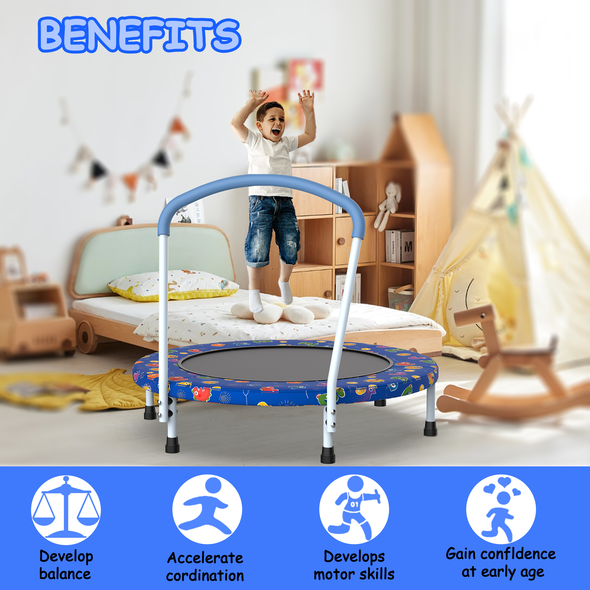 36inch Mini Trampoline for Kids Ages 1-6 Indoor Outdoor Trampoline with Handle Fun for Kids - Image 6