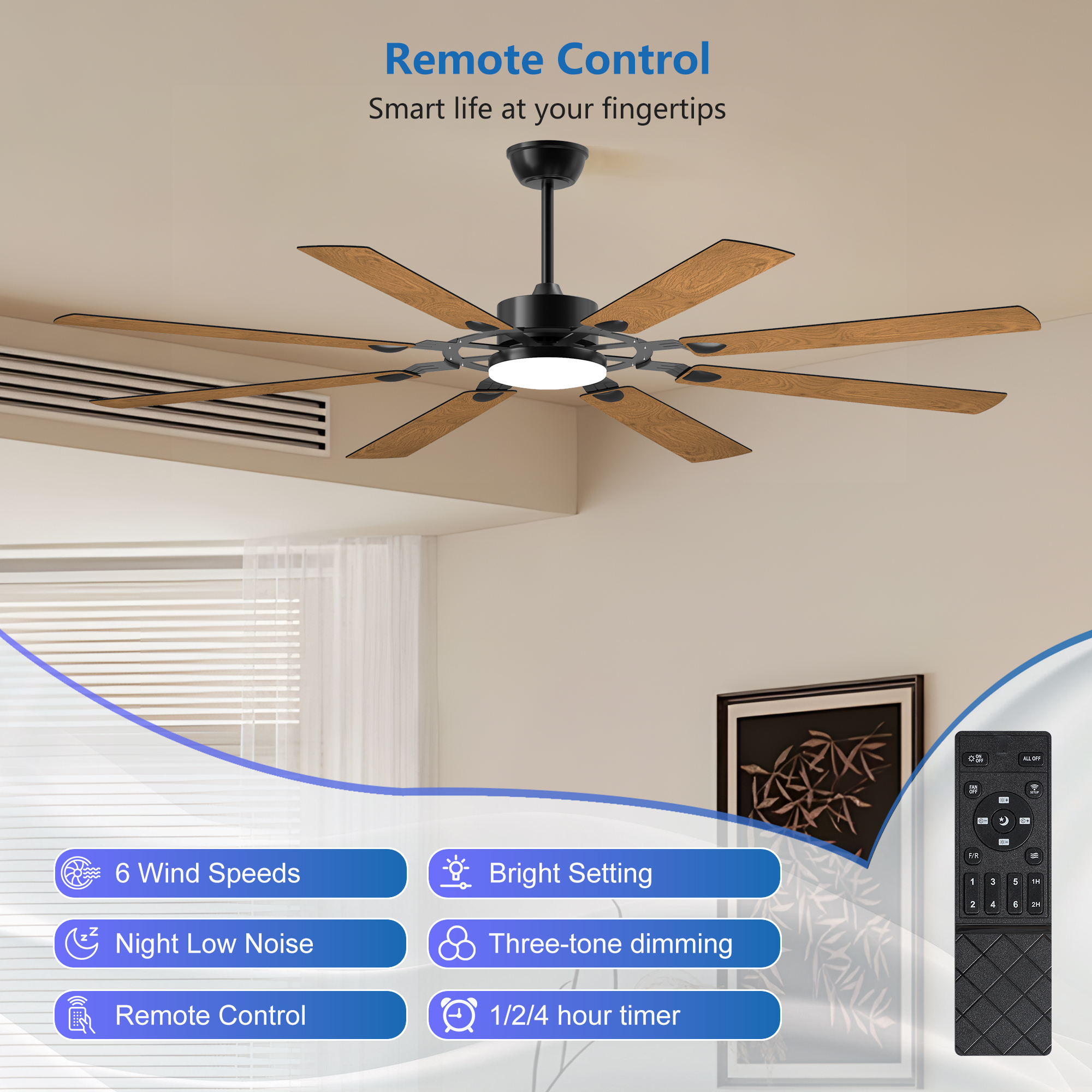 72-Inch 8-Blade Large Ceiling Fan,Reversible Quiet DC Motor,Indoor/Outdoor Modern Ceiling Fan,Suitable for Kitchen,Living Room and Terrace,Black. - Image 2