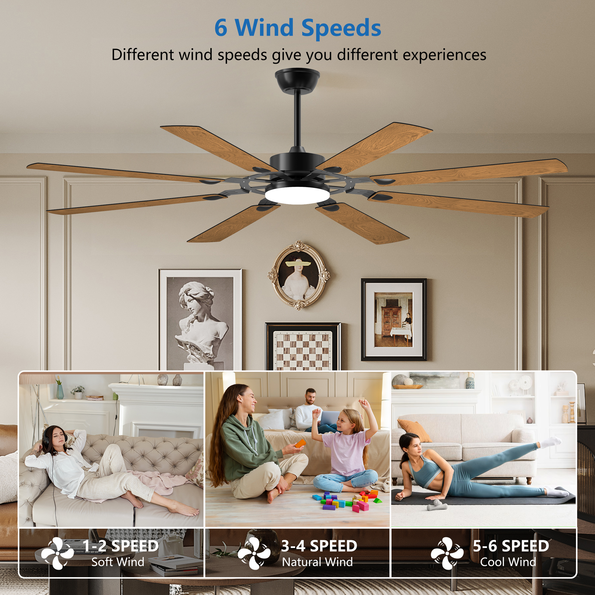 72-Inch 8-Blade Large Ceiling Fan,Reversible Quiet DC Motor,Indoor/Outdoor Modern Ceiling Fan,Suitable for Kitchen,Living Room and Terrace,Black. - Image 3