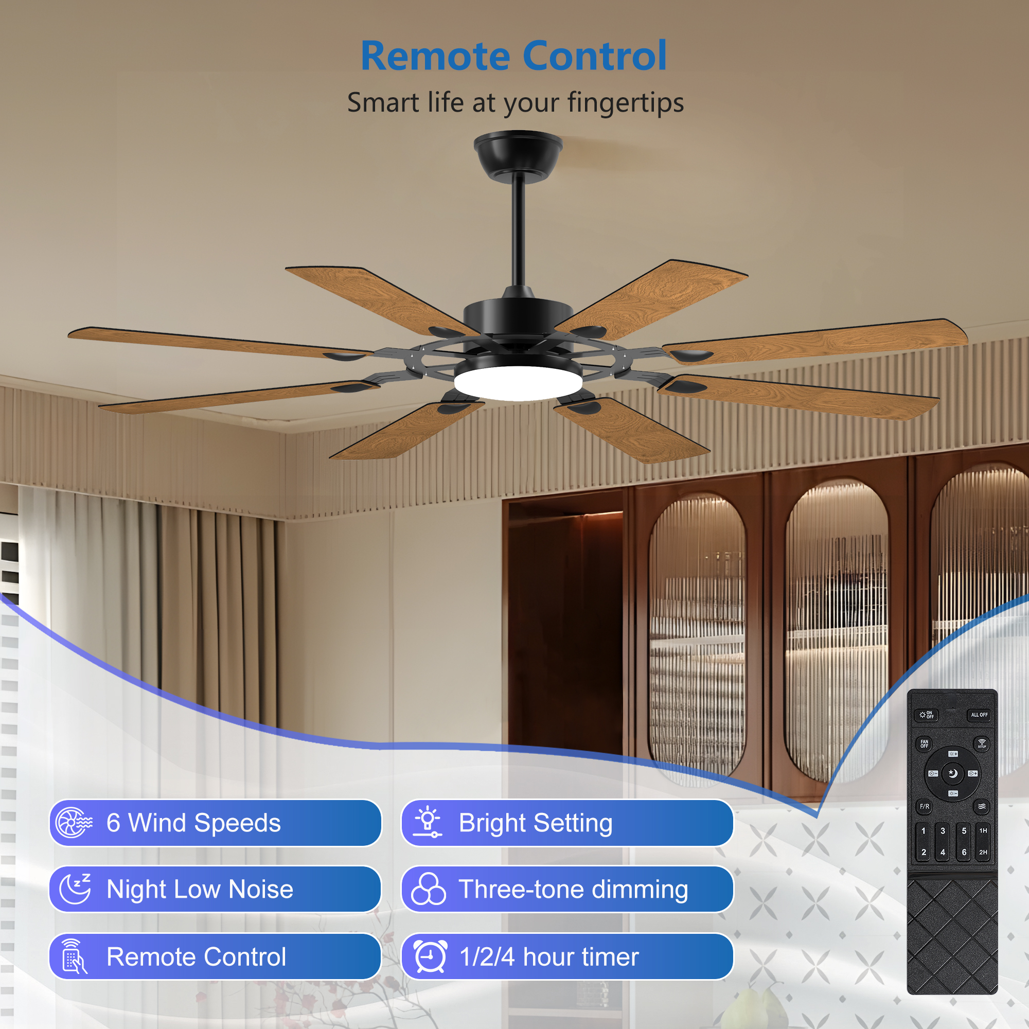 60 Inch Ceiling Fan with Lights and Remote Control, 8 Plywood Blades, 6-Speed Noiseless Reversible DC Motor, 3CCT, Windmill Ceiling fan for Kitchen Bedroom Living Room, Black - Image 2