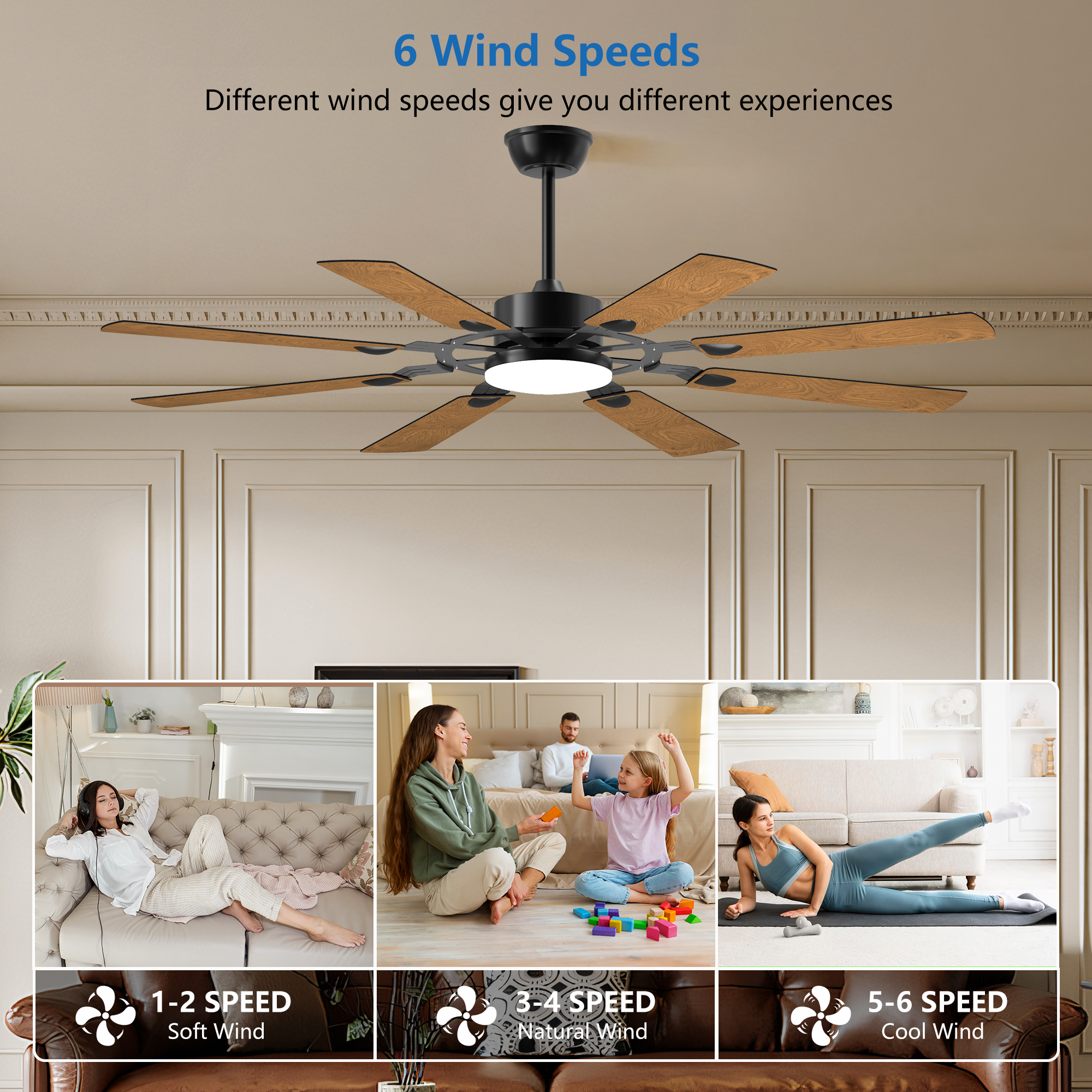 60 Inch Ceiling Fan with Lights and Remote Control, 8 Plywood Blades, 6-Speed Noiseless Reversible DC Motor, 3CCT, Windmill Ceiling fan for Kitchen Bedroom Living Room, Black - Image 3