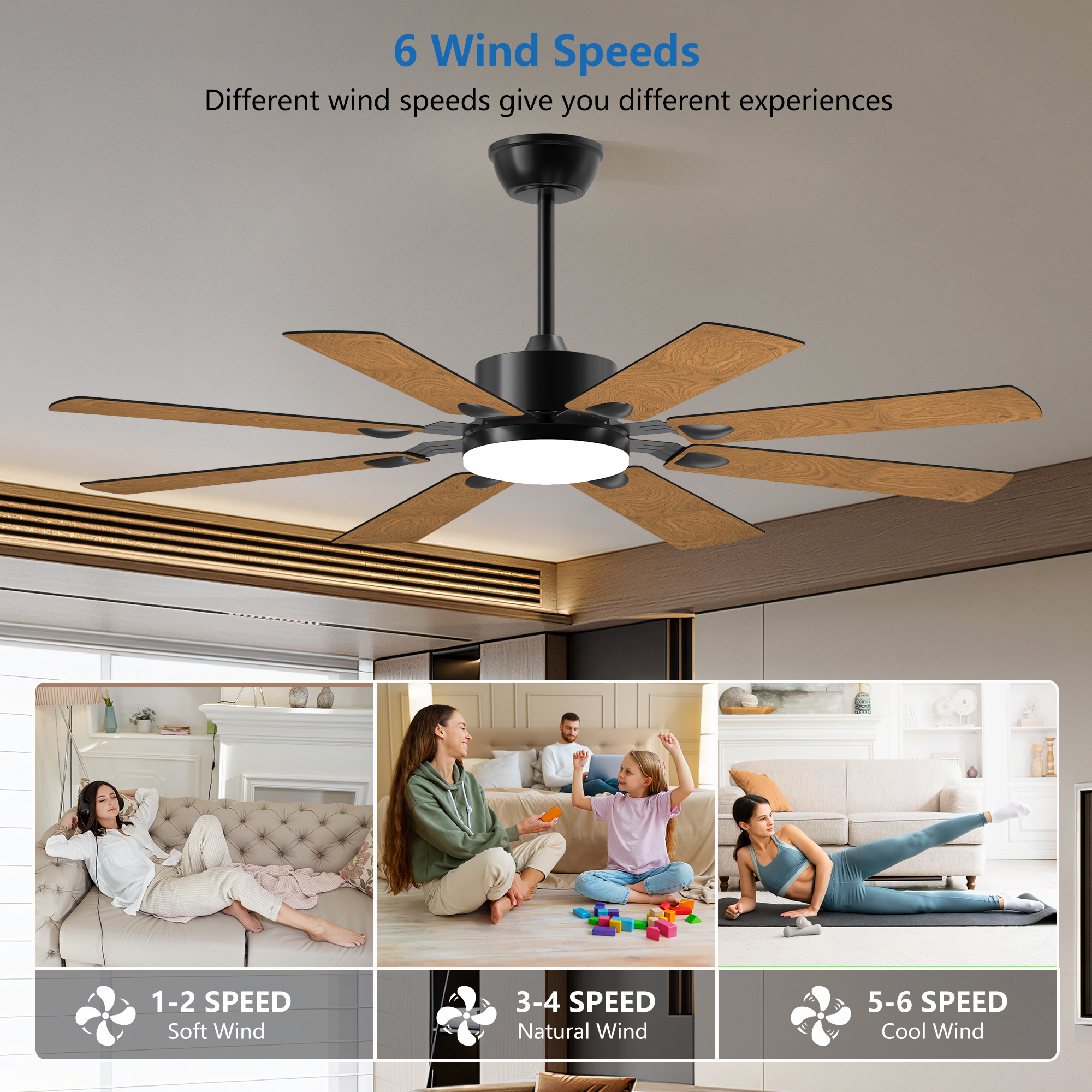 52 Inch Ceiling Fan with Lights and Remote Control, 8 Plywood Blades, 6-Speed Noiseless Reversible DC Motor, 3CCT, Windmill Ceiling fan for Kitchen Bedroom Living Room, Black - Image 2