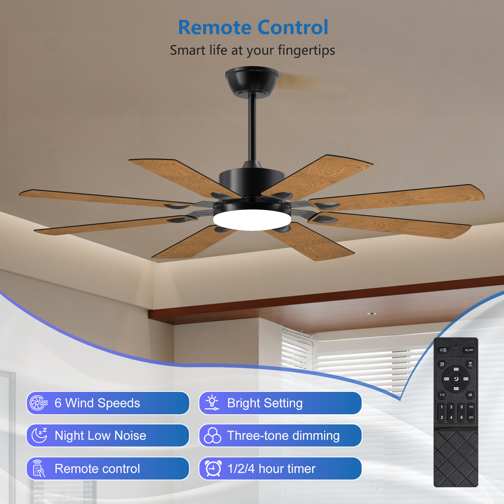 52 Inch Ceiling Fan with Lights and Remote Control, 8 Plywood Blades, 6-Speed Noiseless Reversible DC Motor, 3CCT, Windmill Ceiling fan for Kitchen Bedroom Living Room, Black - Image 3