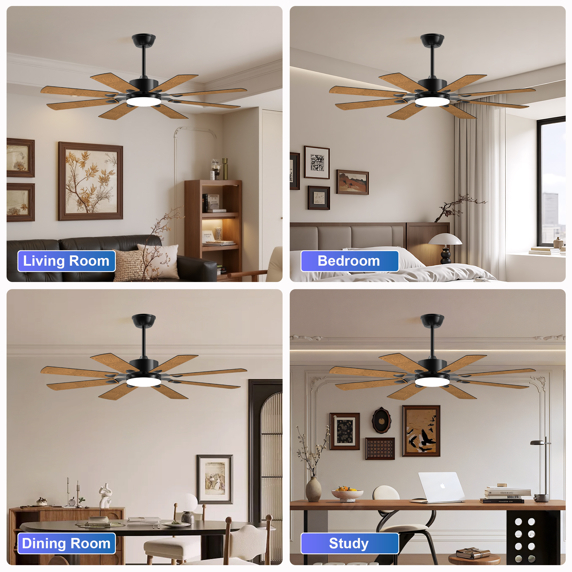 52 Inch Ceiling Fan with Lights and Remote Control, 8 Plywood Blades, 6-Speed Noiseless Reversible DC Motor, 3CCT, Windmill Ceiling fan for Kitchen Bedroom Living Room, Black - Image 5