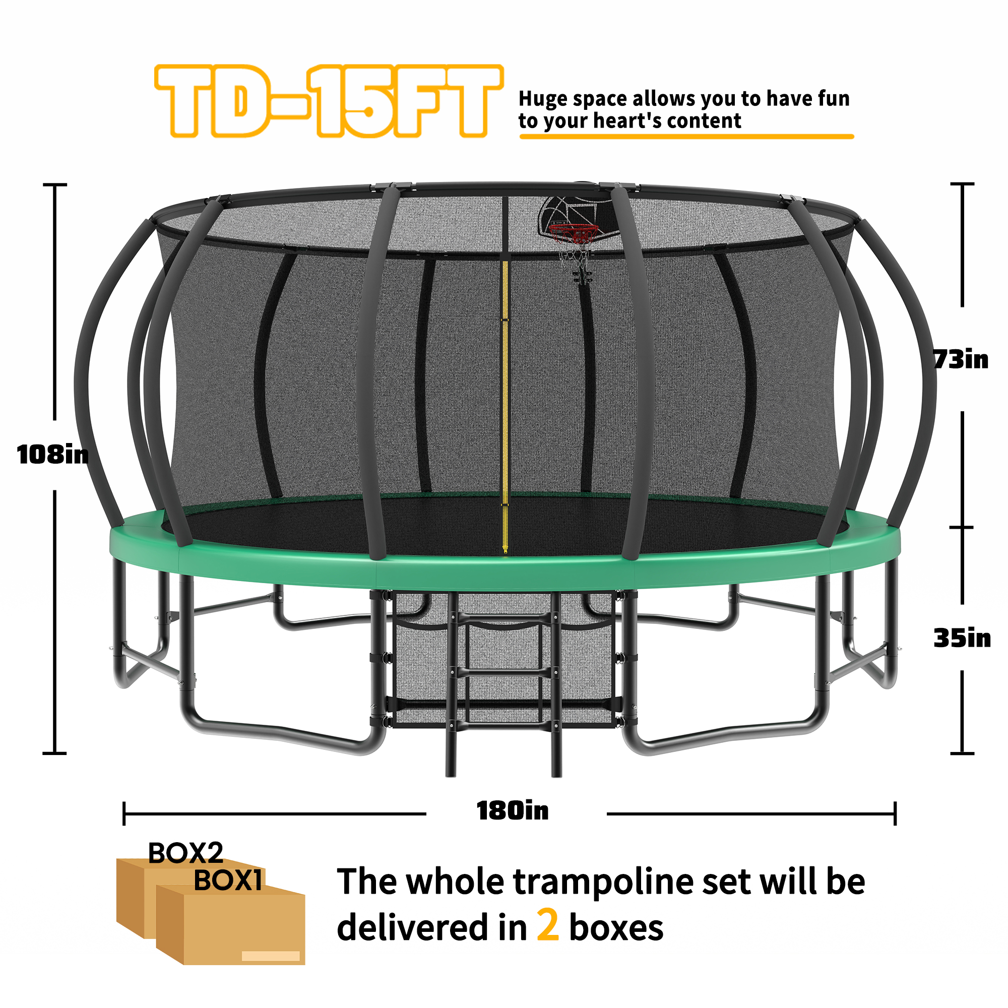15FT Trampoline with Basketball Hoop - Recreational Trampolines with Ladder ,Shoe Bag and Galvanized Anti-Rust Coating - Image 2