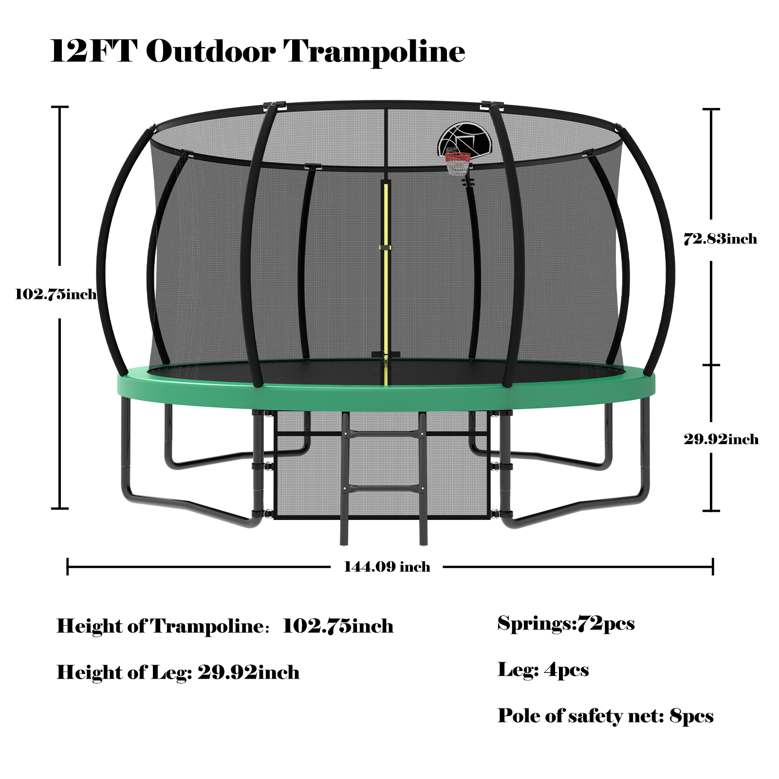 12FT Recreational Kids Trampoline with Safety Enclosure Net & Ladder, Outdoor Recreational Trampolines - Image 6