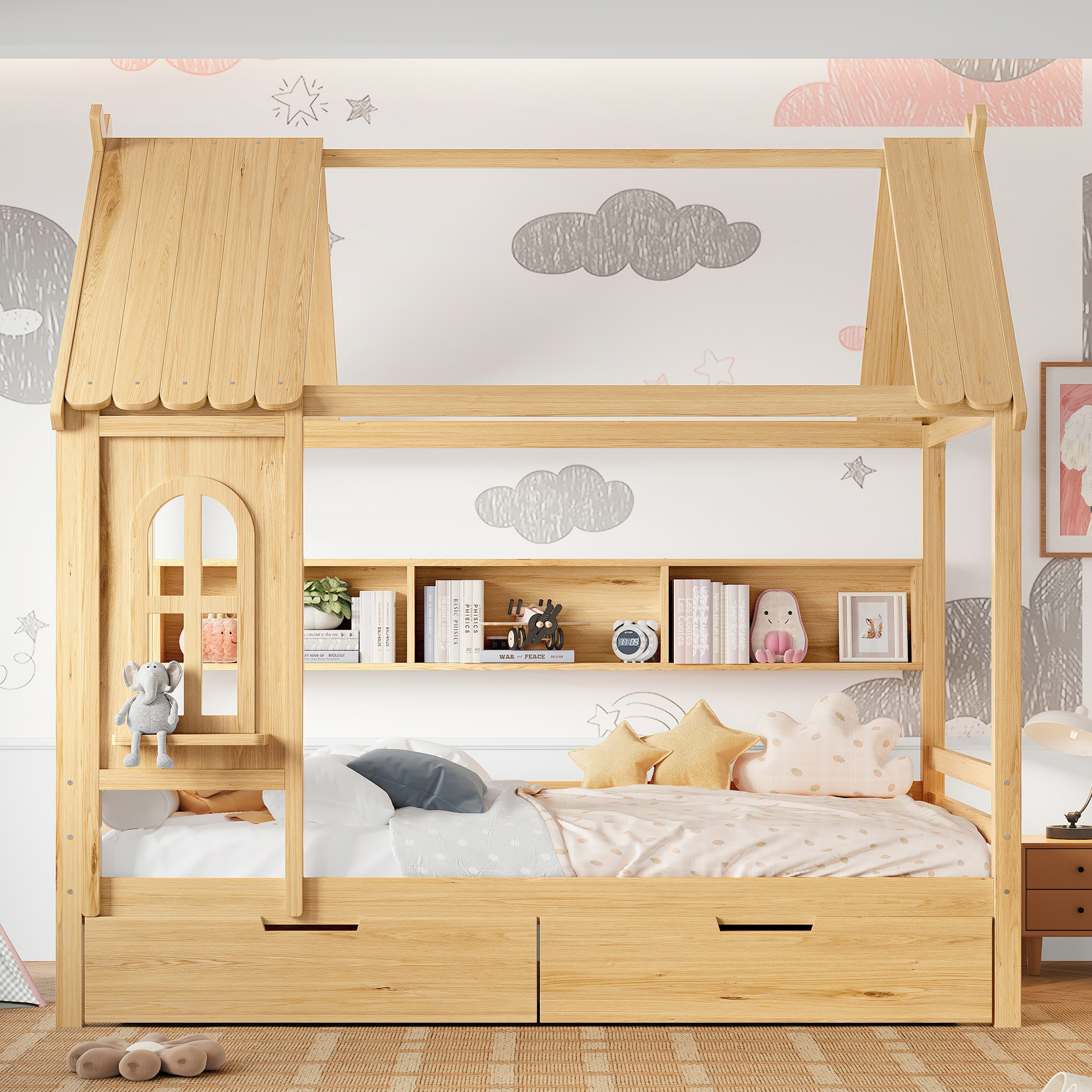 Full house Beds with Storage Drawers and Window, Solid Wood House Platform Bed Frame with shelves, for Kids, Girls, Boys, No Spring Box Needed and Childlike Design, Natural - Image 2