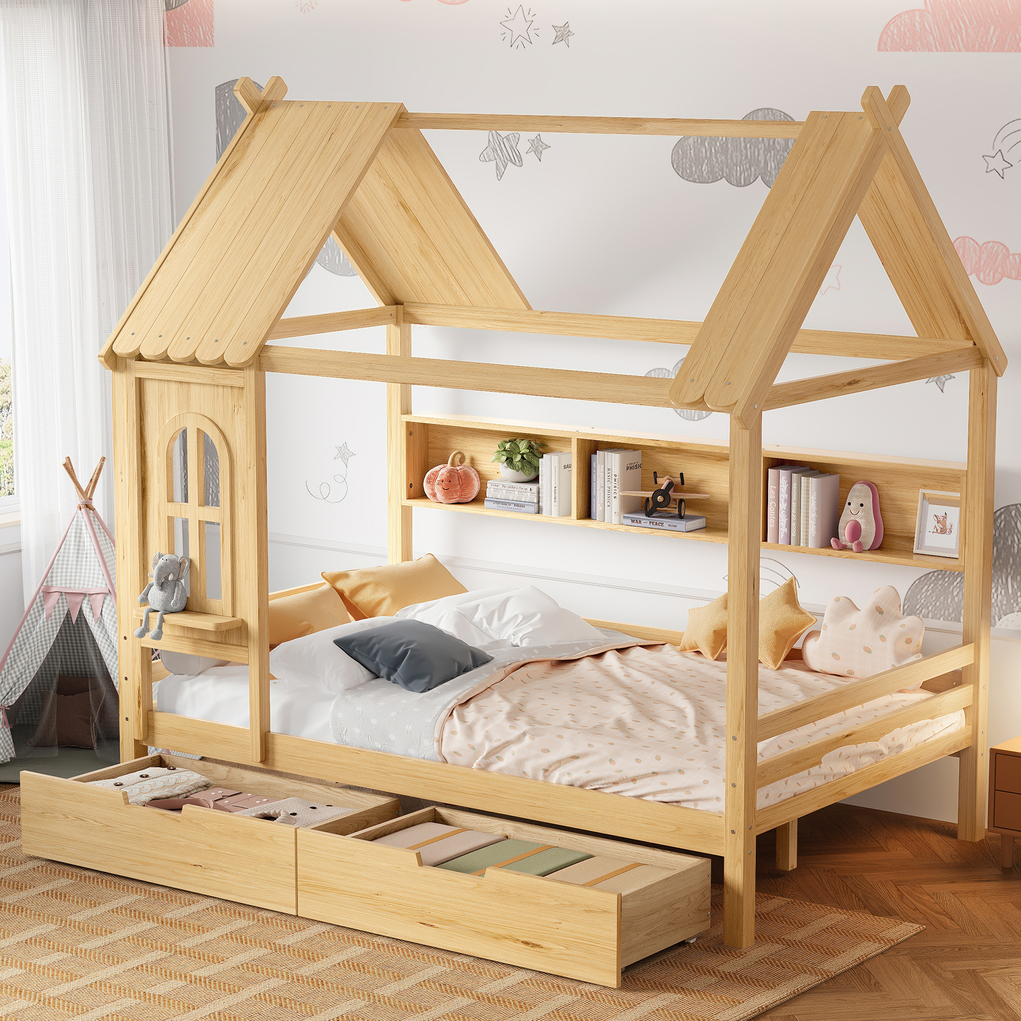 Full house Beds with Storage Drawers and Window, Solid Wood House Platform Bed Frame with shelves, for Kids, Girls, Boys, No Spring Box Needed and Childlike Design, Natural - Image 3