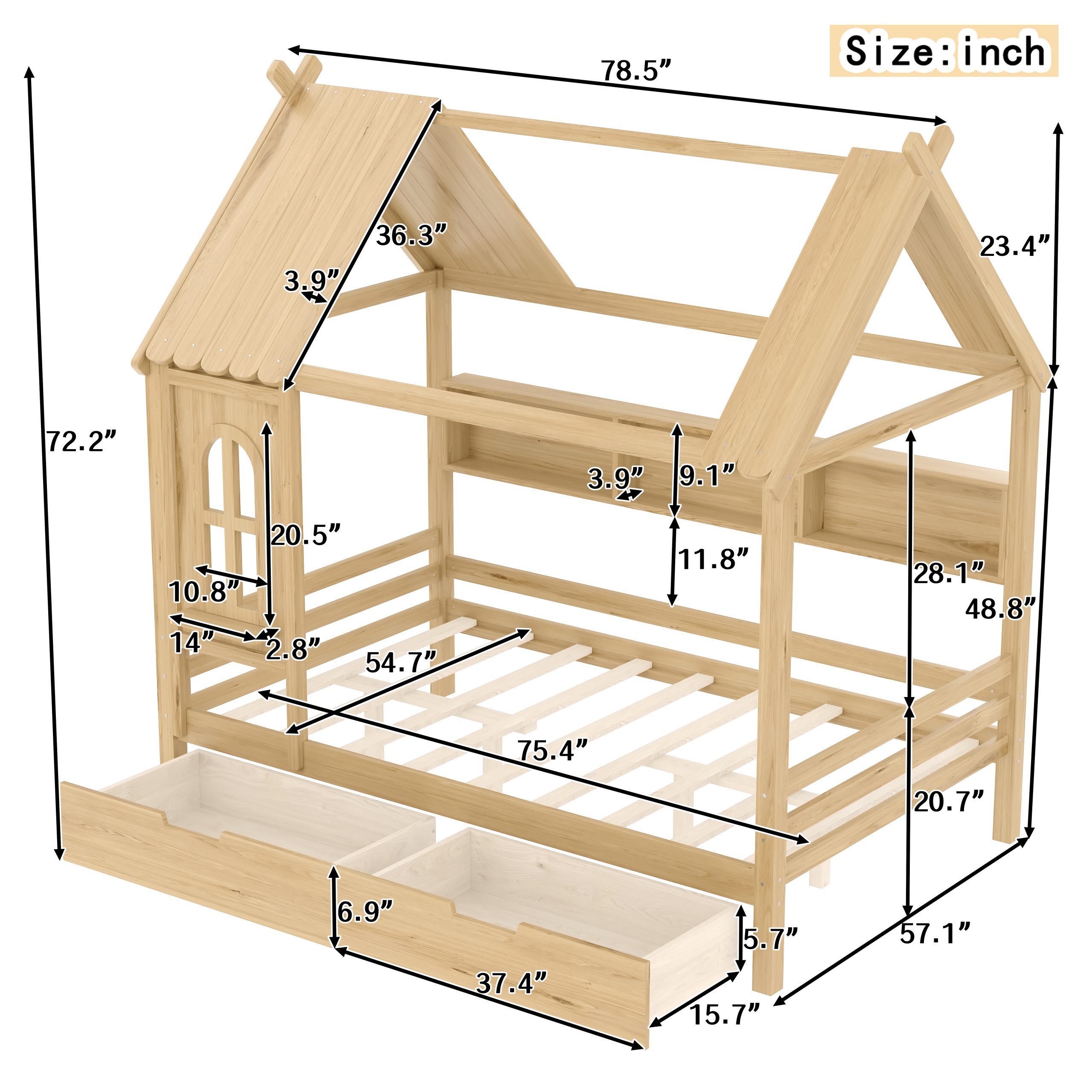 Full house Beds with Storage Drawers and Window, Solid Wood House Platform Bed Frame with shelves, for Kids, Girls, Boys, No Spring Box Needed and Childlike Design, Natural - Image 4