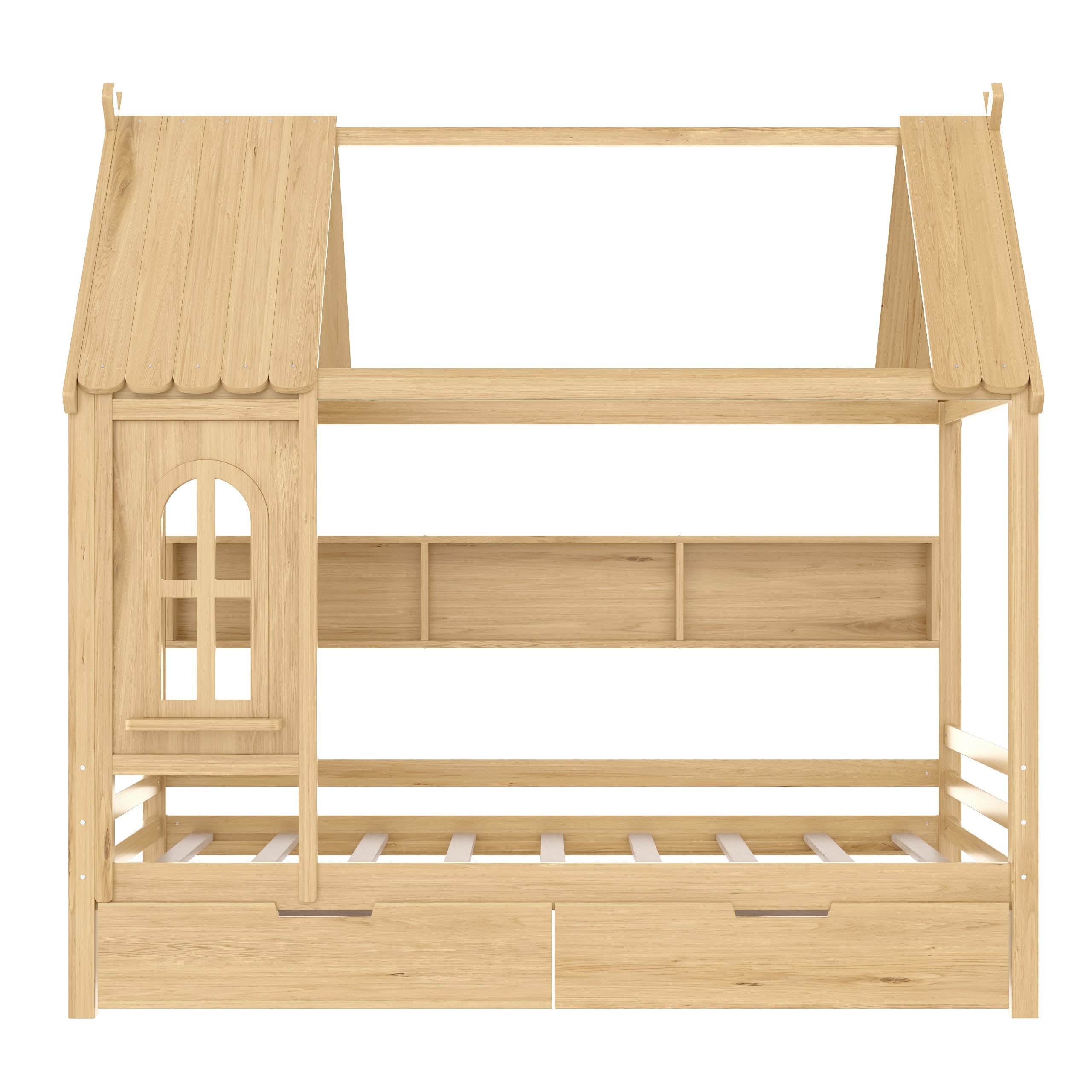 Full house Beds with Storage Drawers and Window, Solid Wood House Platform Bed Frame with shelves, for Kids, Girls, Boys, No Spring Box Needed and Childlike Design, Natural - Image 5
