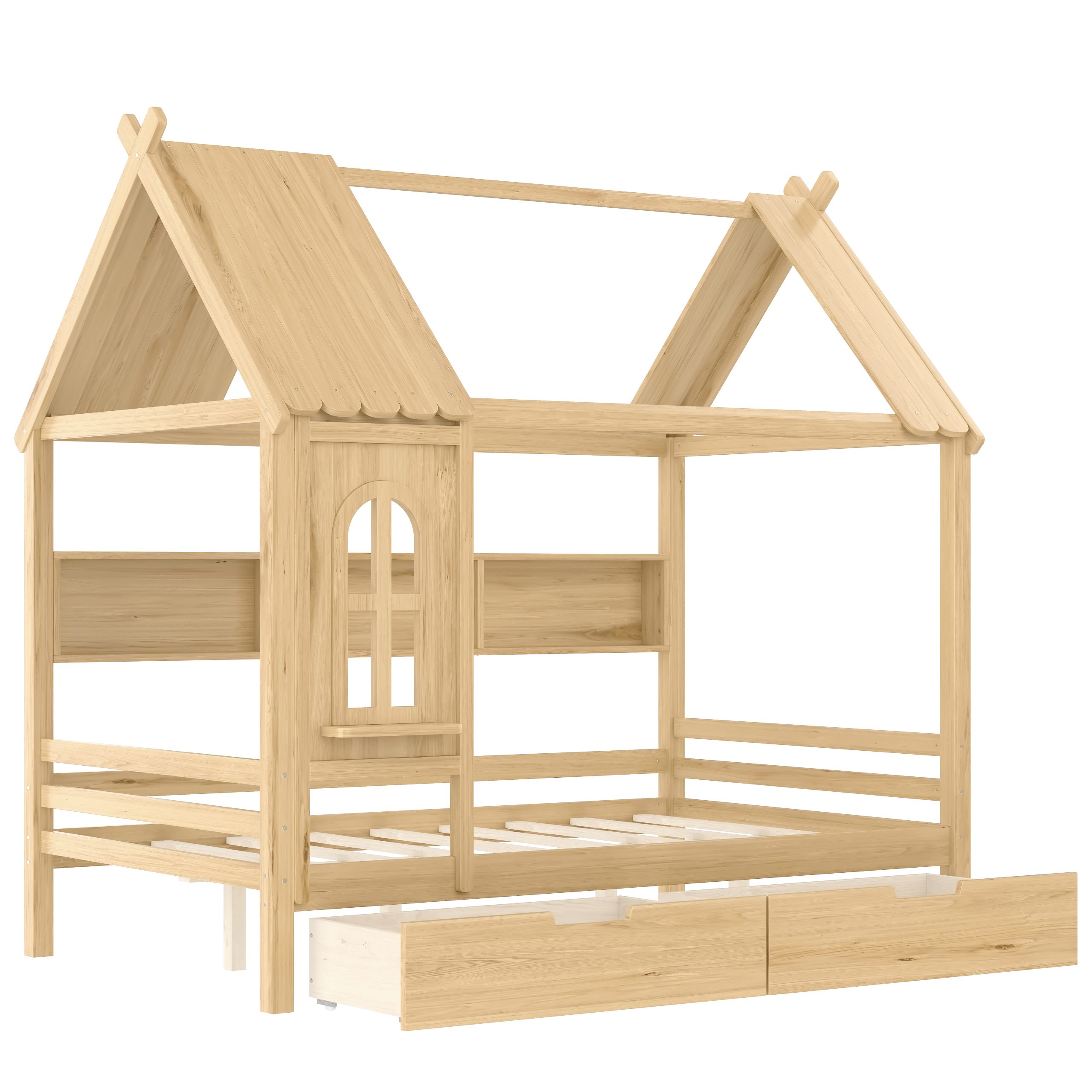 Full house Beds with Storage Drawers and Window, Solid Wood House Platform Bed Frame with shelves, for Kids, Girls, Boys, No Spring Box Needed and Childlike Design, Natural - Image 6