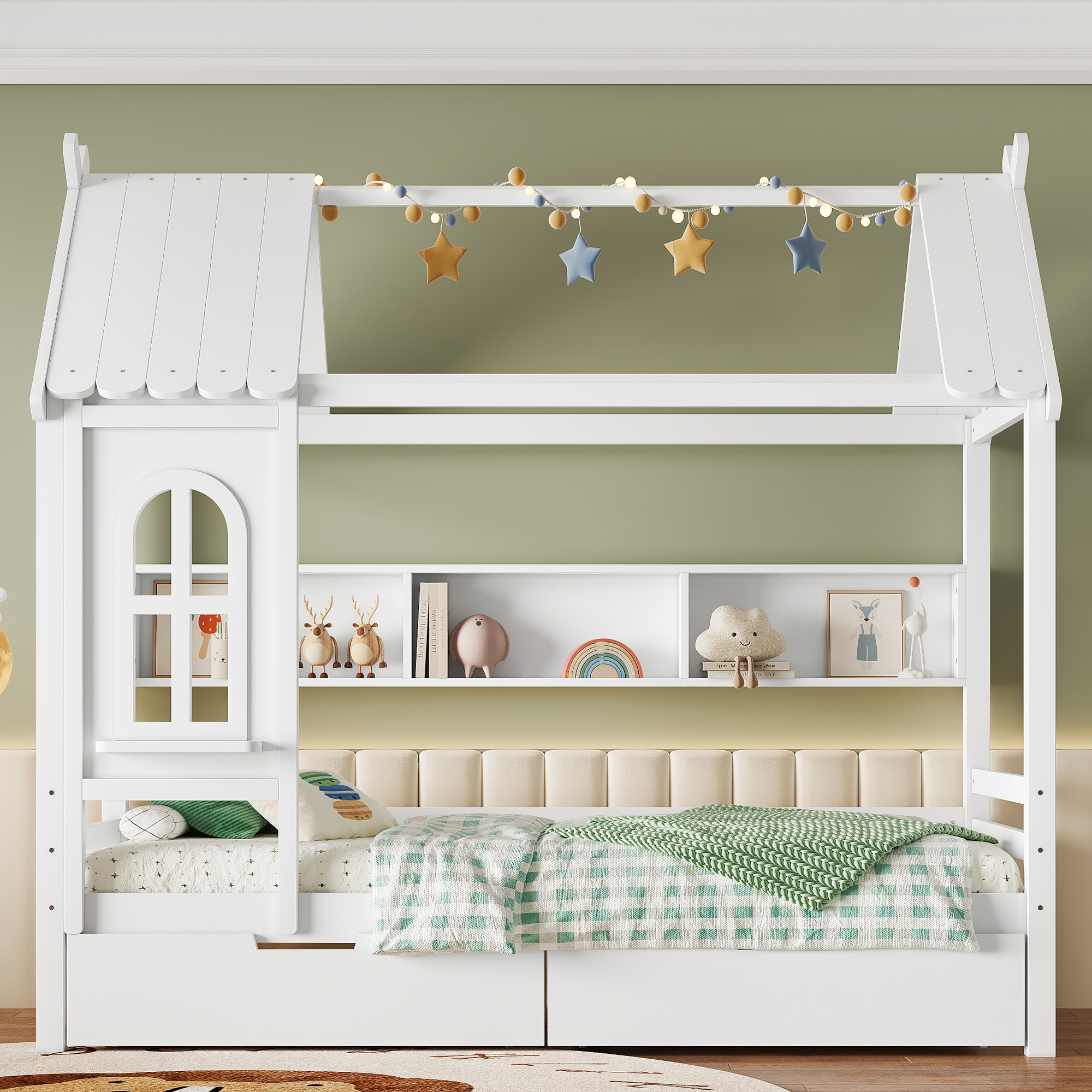 Twin house Beds with Storage Drawers and Window, Solid Wood House Platform Bed Frame with shelves, for Kids, Girls, Boys, No Spring Box Needed and Childlike Design, White - Image 2