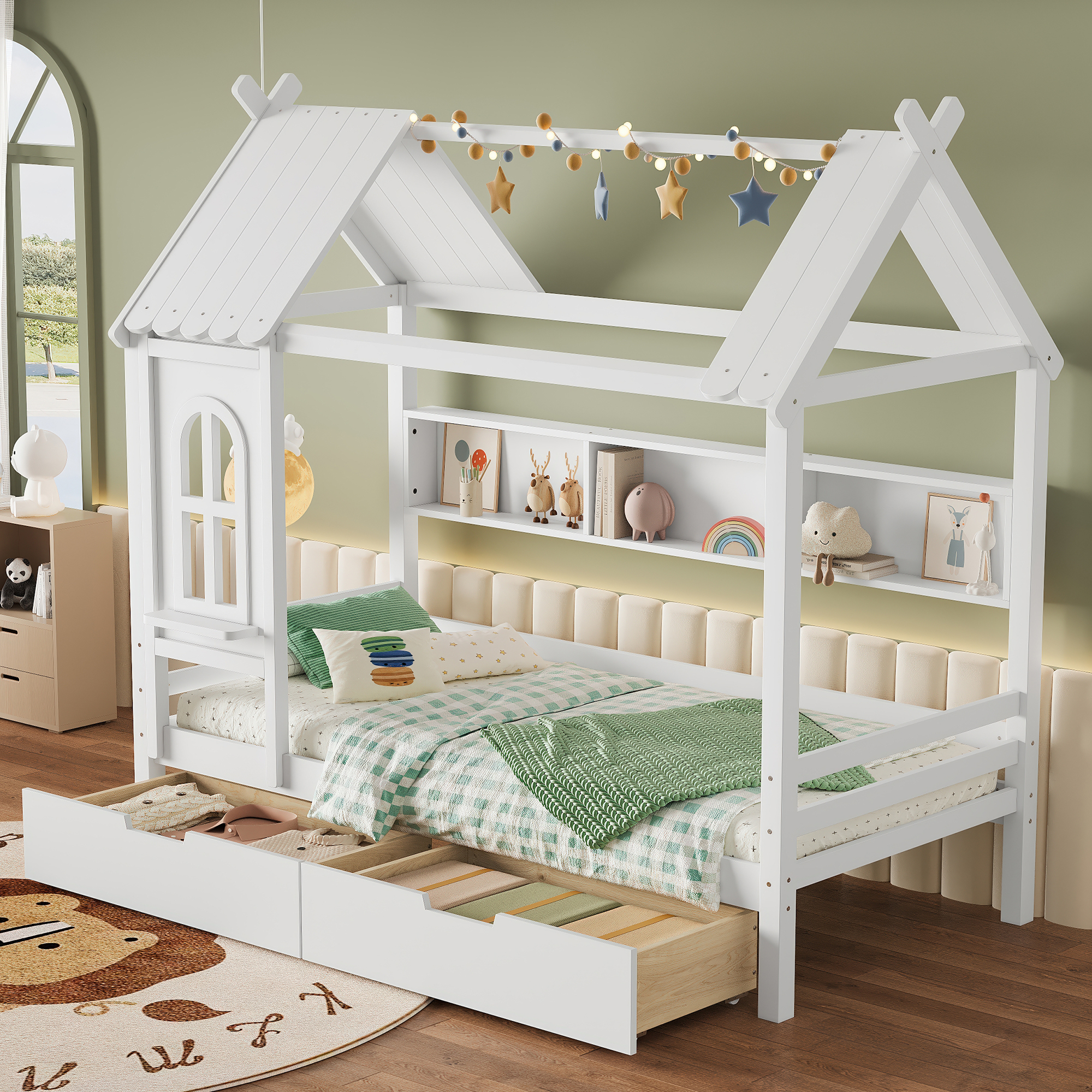 Twin house Beds with Storage Drawers and Window, Solid Wood House Platform Bed Frame with shelves, for Kids, Girls, Boys, No Spring Box Needed and Childlike Design, White - Image 3