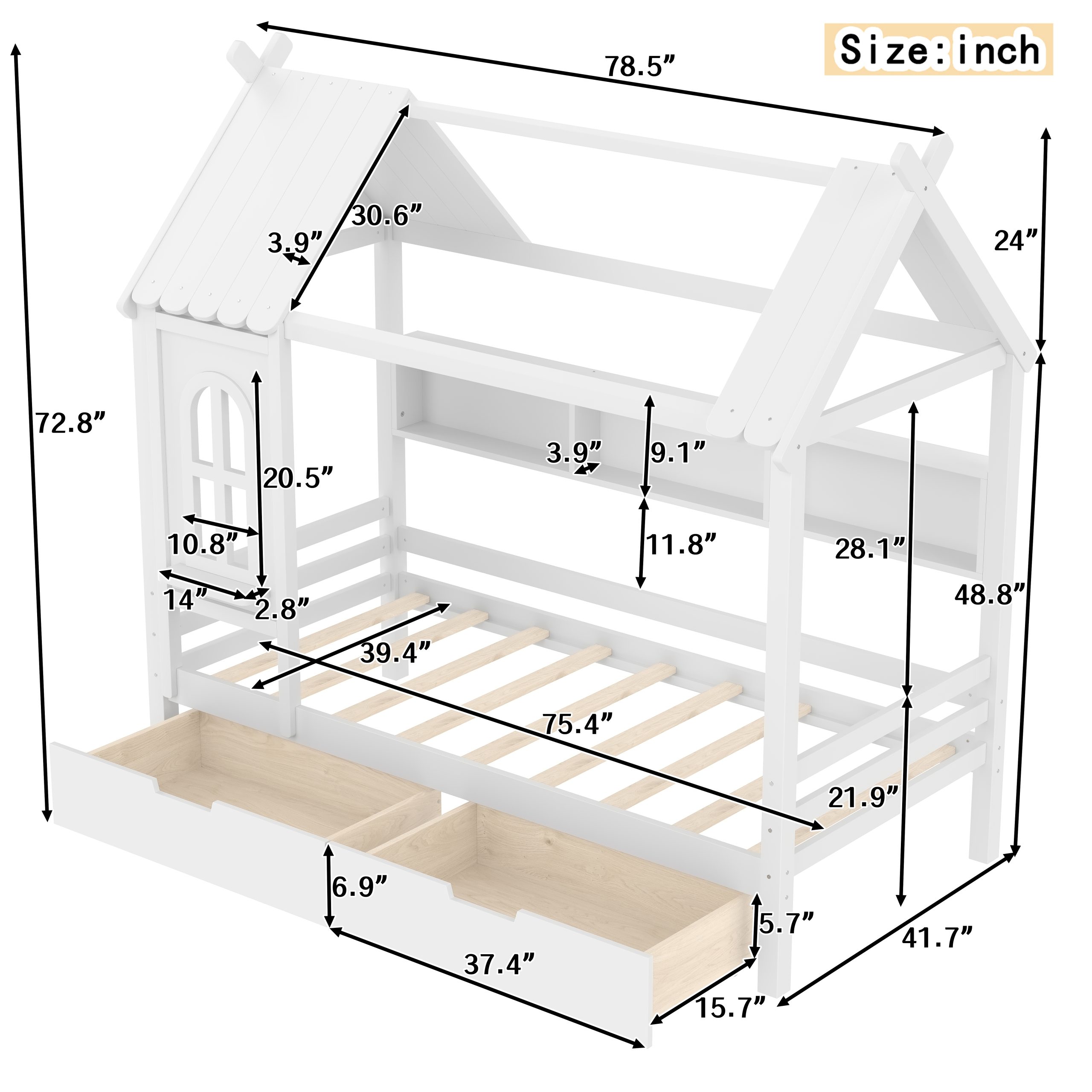 Twin house Beds with Storage Drawers and Window, Solid Wood House Platform Bed Frame with shelves, for Kids, Girls, Boys, No Spring Box Needed and Childlike Design, White - Image 4