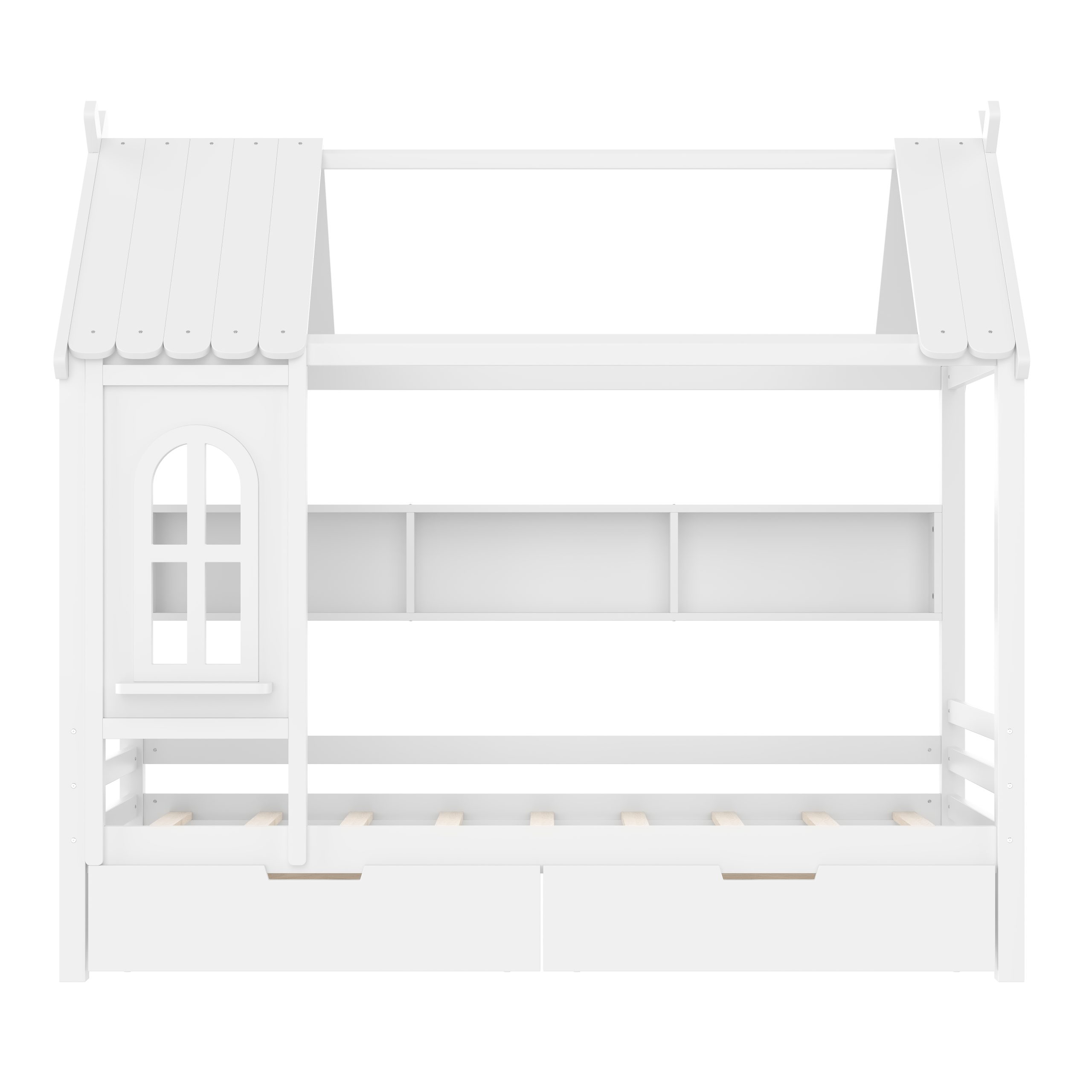 Twin house Beds with Storage Drawers and Window, Solid Wood House Platform Bed Frame with shelves, for Kids, Girls, Boys, No Spring Box Needed and Childlike Design, White - Image 5