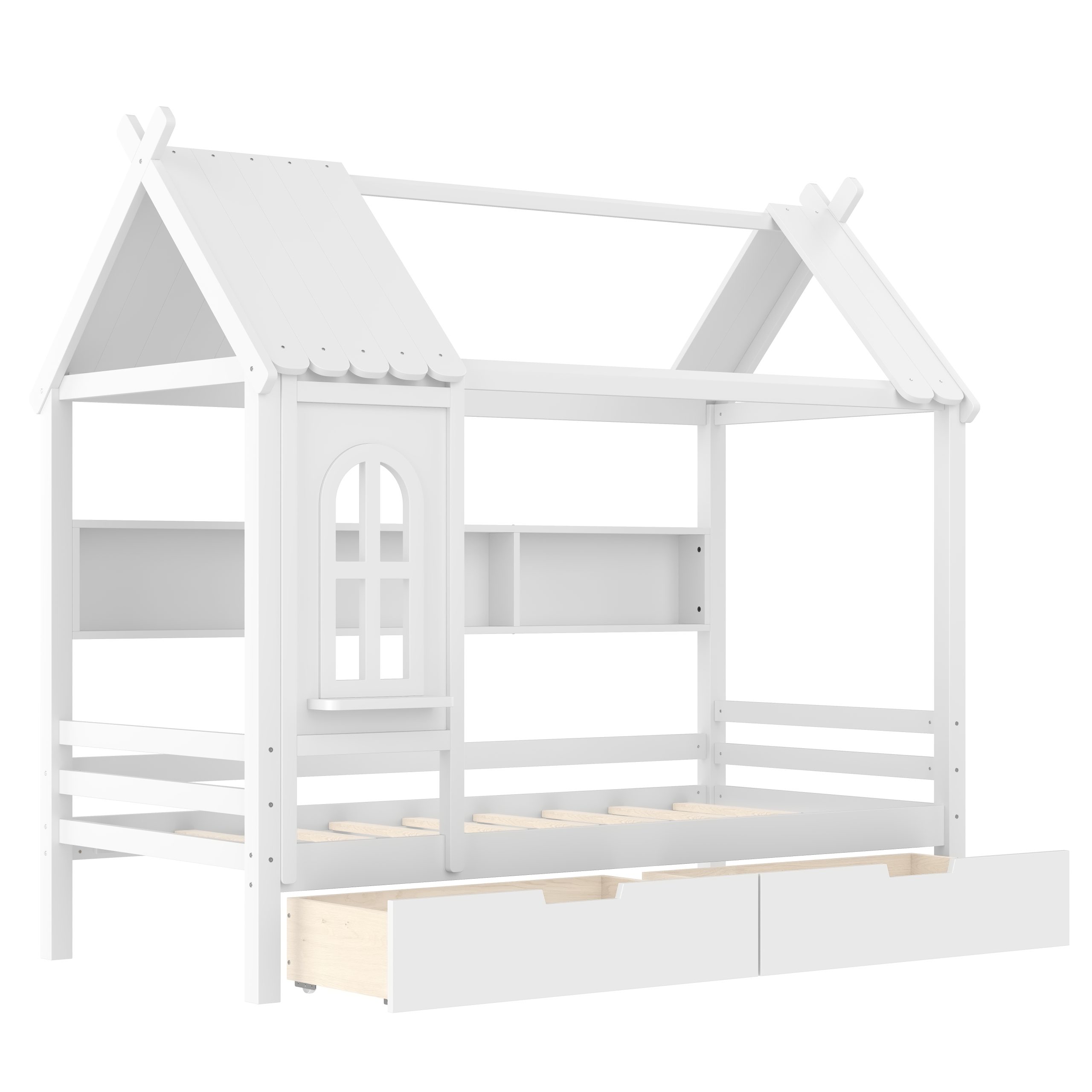 Twin house Beds with Storage Drawers and Window, Solid Wood House Platform Bed Frame with shelves, for Kids, Girls, Boys, No Spring Box Needed and Childlike Design, White - Image 6