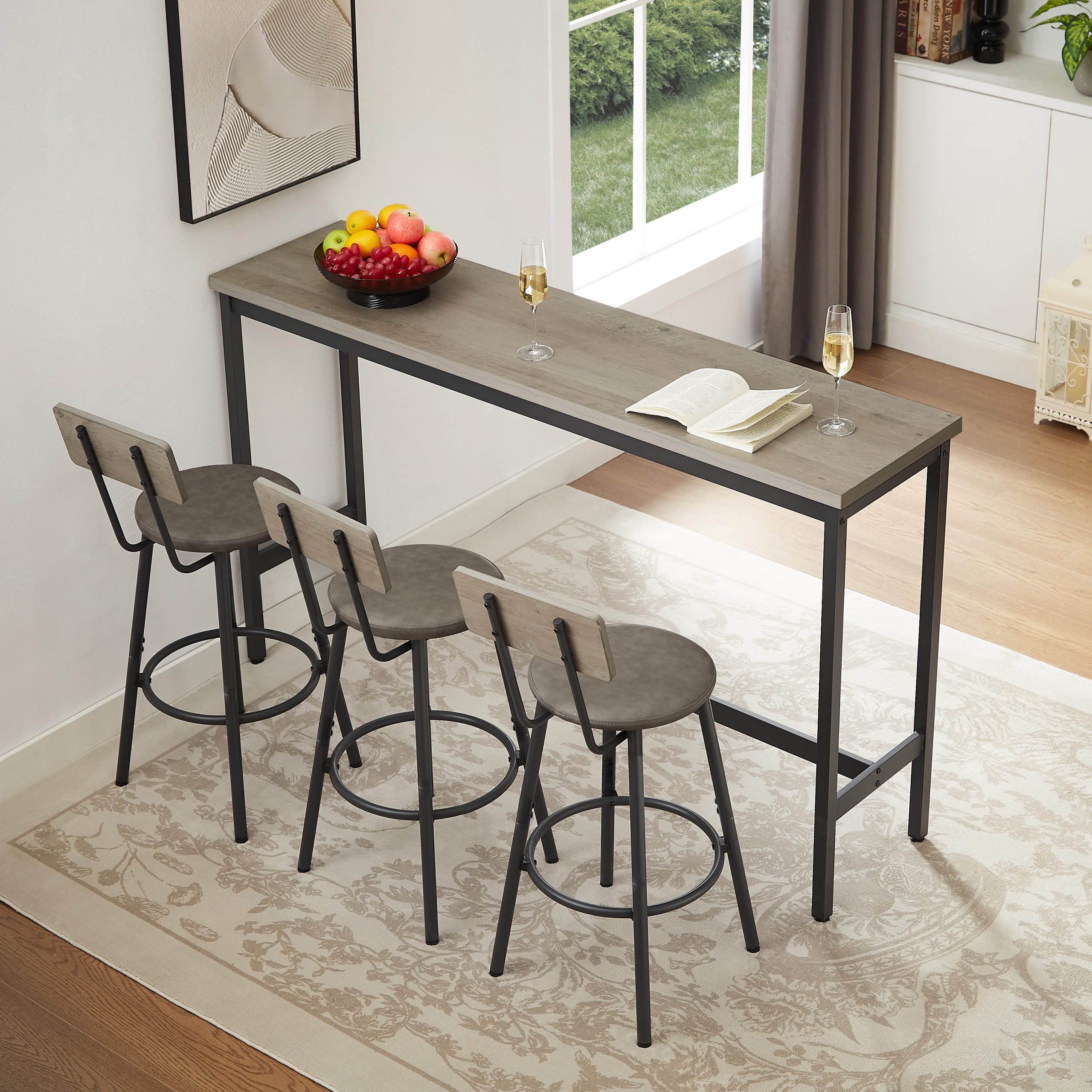 Long Bar Table Set with 3 PU Upholstered Bar Stools, Industrial Bar Table and Chairs for Kitchen Breakfast Table, Living Room, Banquet Hall, Rustic Gray and Black, 63″L x15.7"W x 37.5"H - Image 2