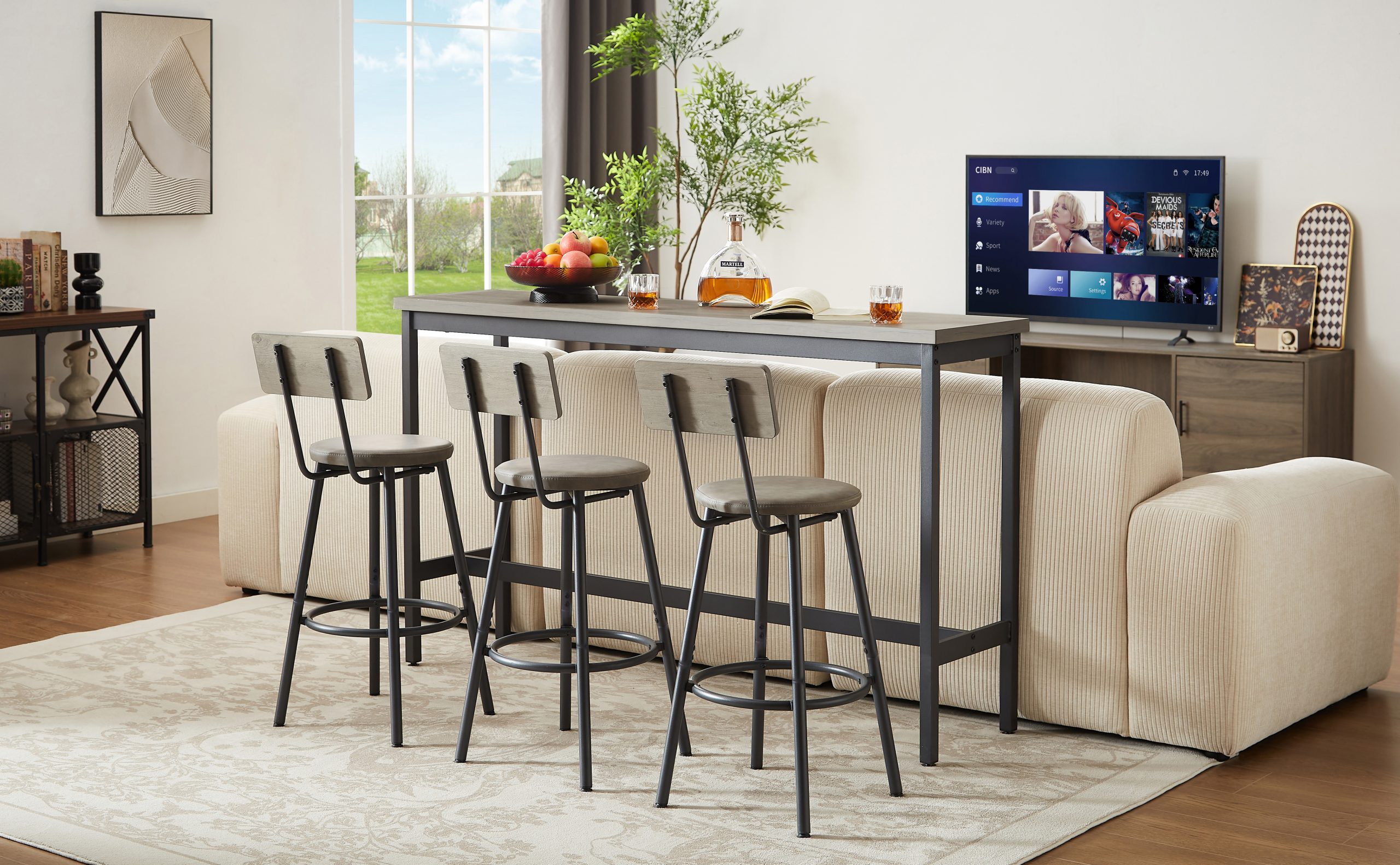 Long Bar Table Set with 3 PU Upholstered Bar Stools, Industrial Bar Table and Chairs for Kitchen Breakfast Table, Living Room, Banquet Hall, Rustic Gray and Black, 63″L x15.7"W x 37.5"H - Image 3