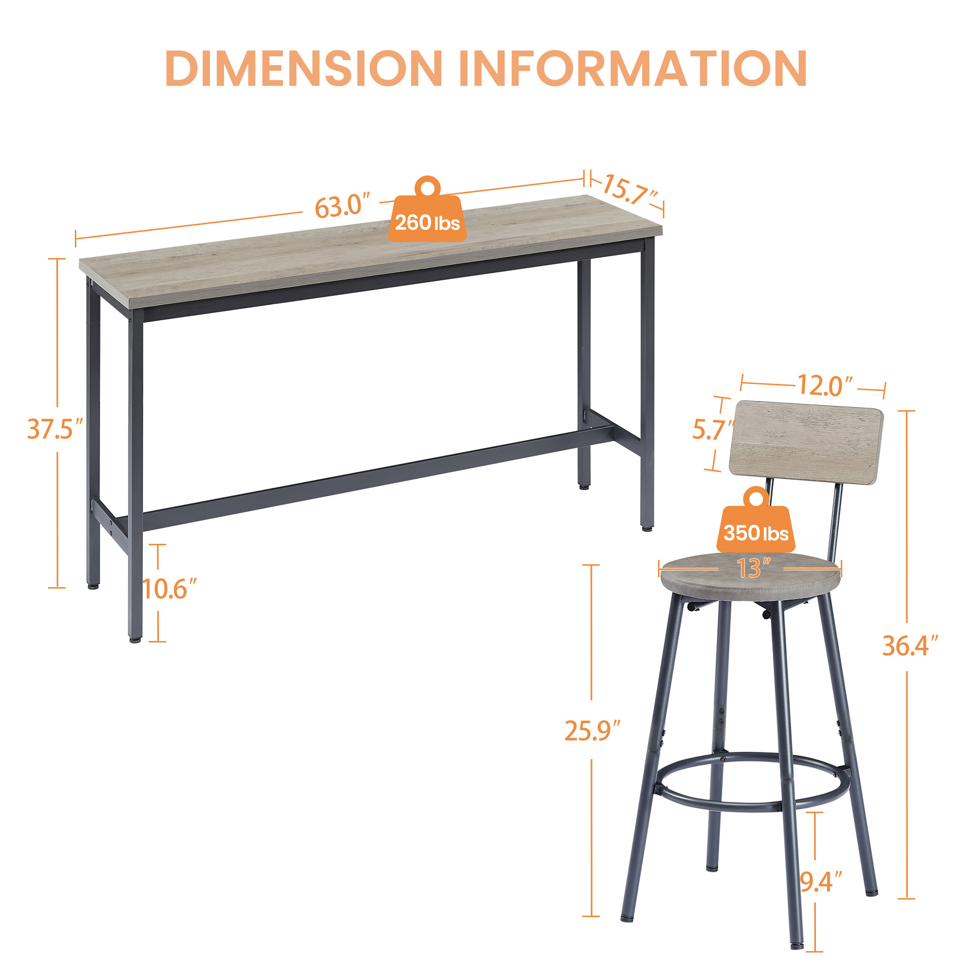 Long Bar Table Set with 3 PU Upholstered Bar Stools, Industrial Bar Table and Chairs for Kitchen Breakfast Table, Living Room, Banquet Hall, Rustic Gray and Black, 63″L x15.7"W x 37.5"H - Image 4