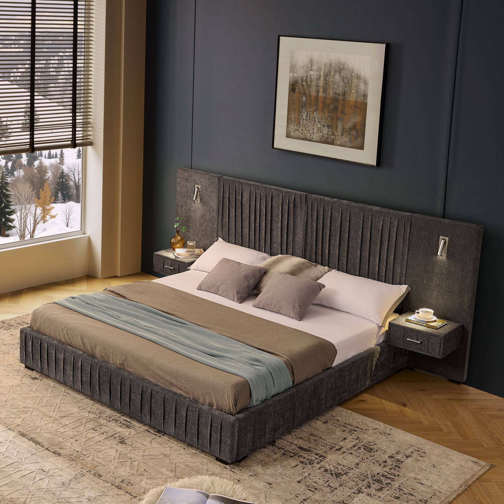 King Size Upholstered Bed Frame with Chenille fabric with pleated design,Grounded King Size Platform Bed with Headboard and Solid Frame and the bedside table.No Box Spring Needed-DARK GREY - Image 2