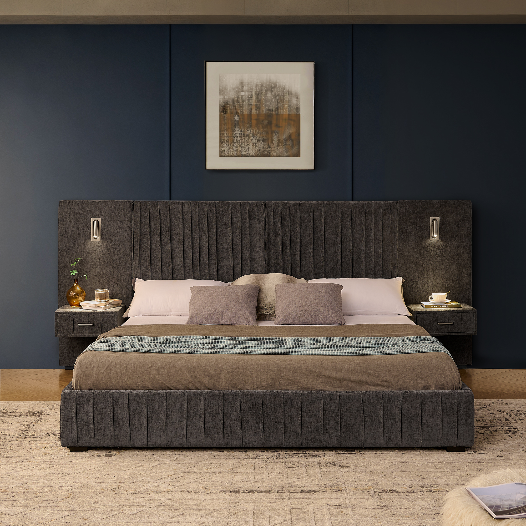 King Size Upholstered Bed Frame with Chenille fabric with pleated design,Grounded King Size Platform Bed with Headboard and Solid Frame and the bedside table.No Box Spring Needed-DARK GREY - Image 3
