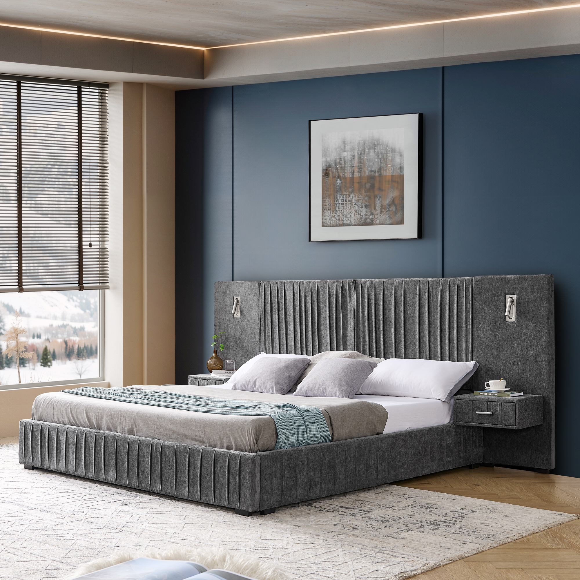 King Size Upholstered Bed Frame with Chenille fabric with pleated design,Grounded King Size Platform Bed with Headboard and Solid Frame and the bedside table.No Box Spring Needed-DARK GREY - Image 4