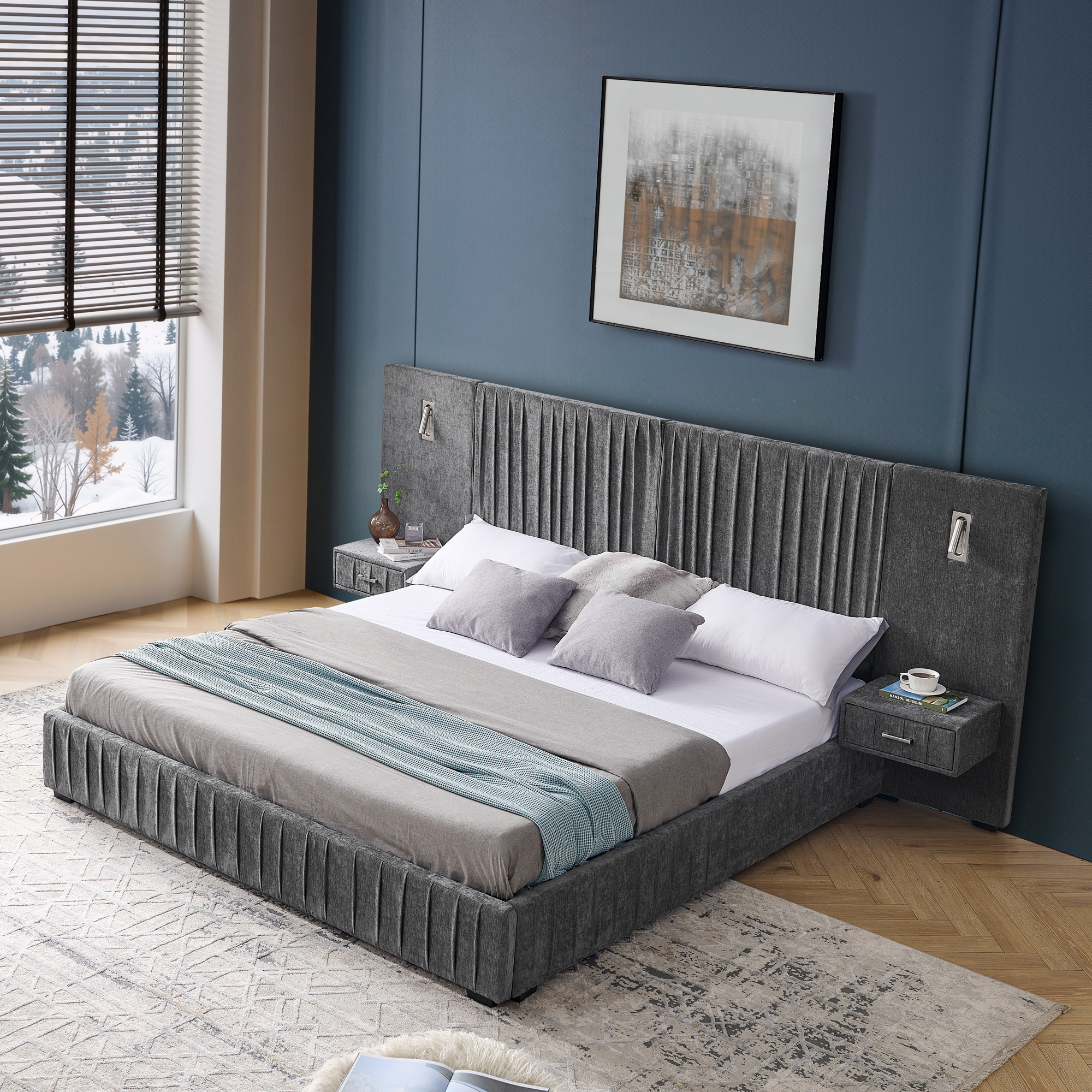 King Size Upholstered Bed Frame with Chenille fabric with pleated design,Grounded King Size Platform Bed with Headboard and Solid Frame and the bedside table.No Box Spring Needed-DARK GREY - Image 5