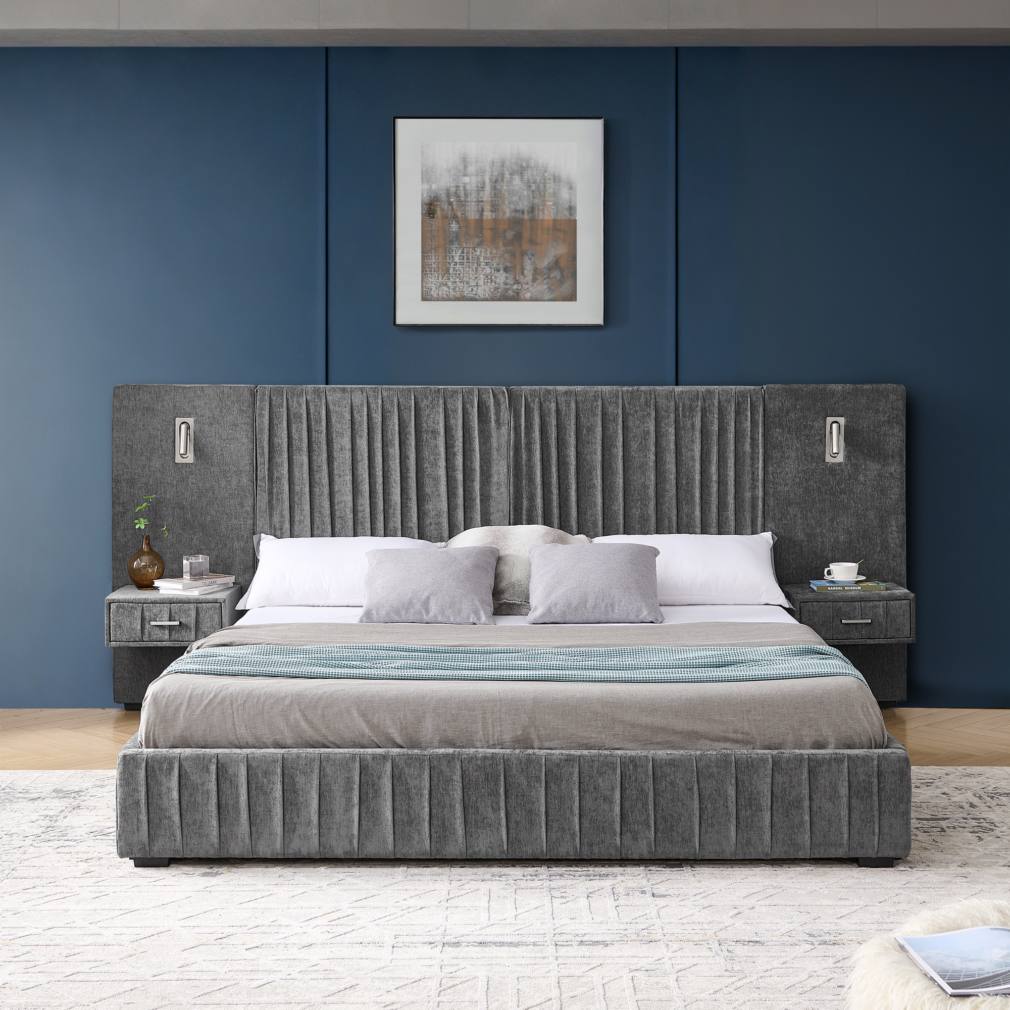 King Size Upholstered Bed Frame with Chenille fabric with pleated design,Grounded King Size Platform Bed with Headboard and Solid Frame and the bedside table.No Box Spring Needed-DARK GREY - Image 6