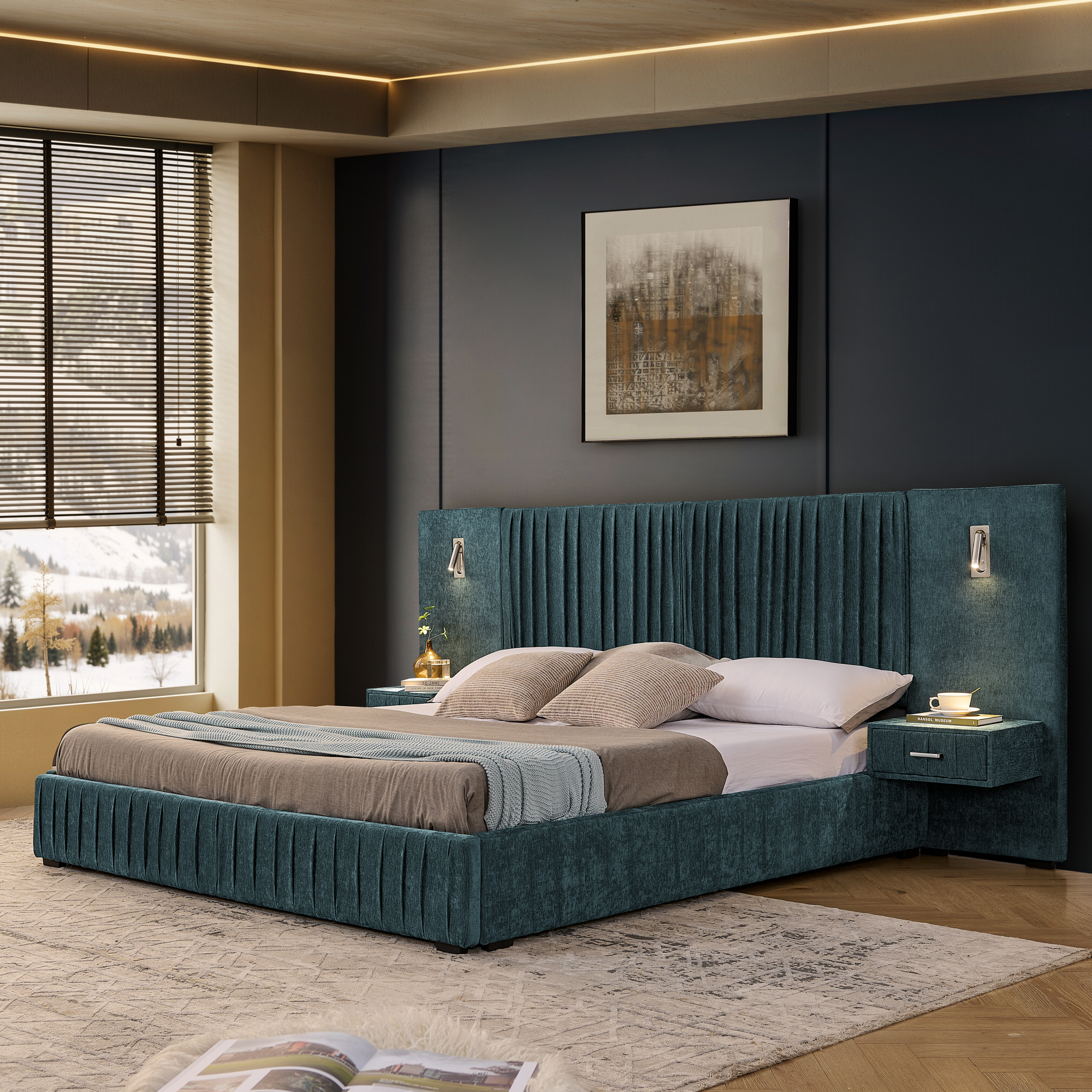 King Size Upholstered Bed Frame with Chenille fabric with pleated design,Grounded King Size Platform Bed with Headboard and Solid Frame and the bedside table.No Box Spring Needed-Blue-Green - Image 1