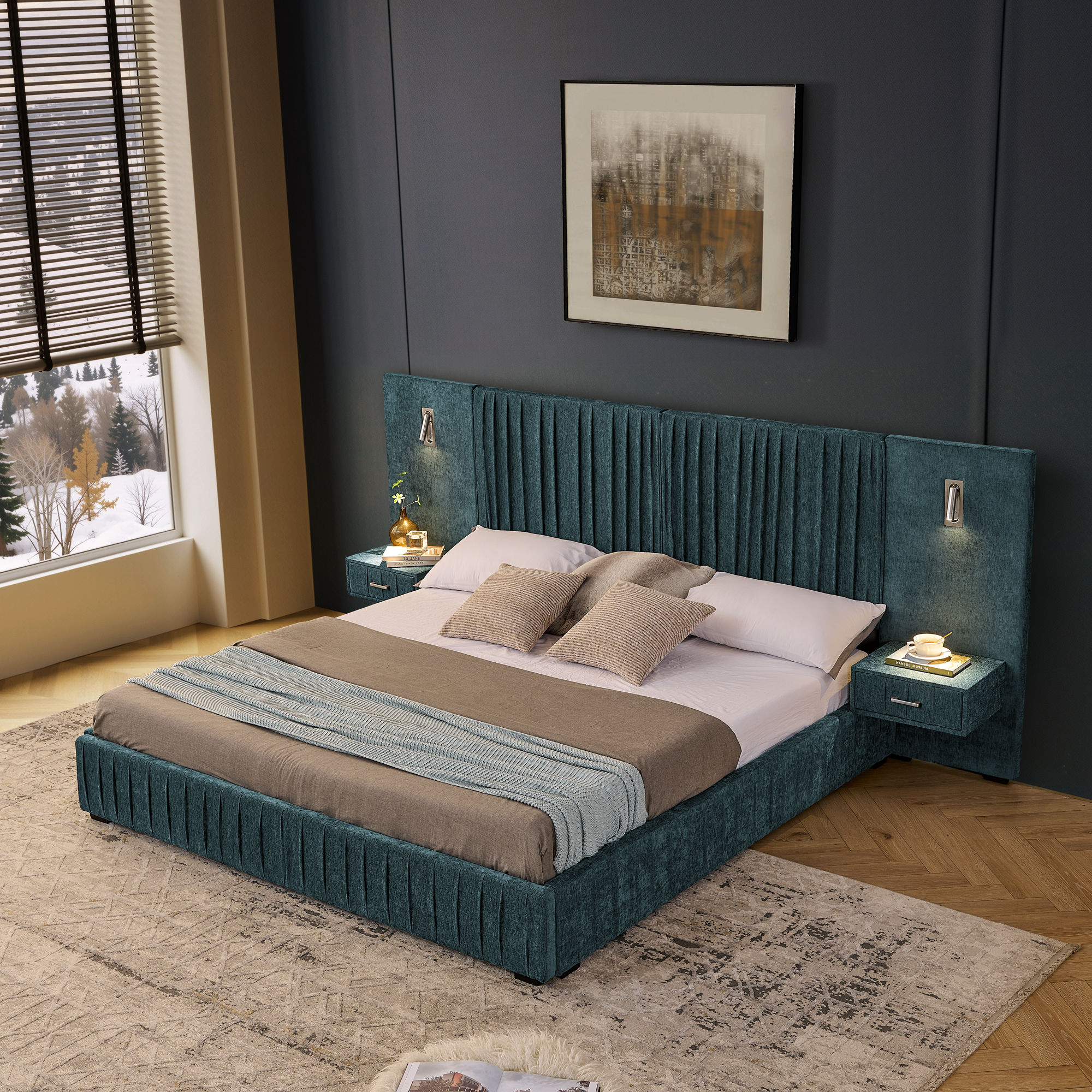 King Size Upholstered Bed Frame with Chenille fabric with pleated design,Grounded King Size Platform Bed with Headboard and Solid Frame and the bedside table.No Box Spring Needed-Blue-Green - Image 2