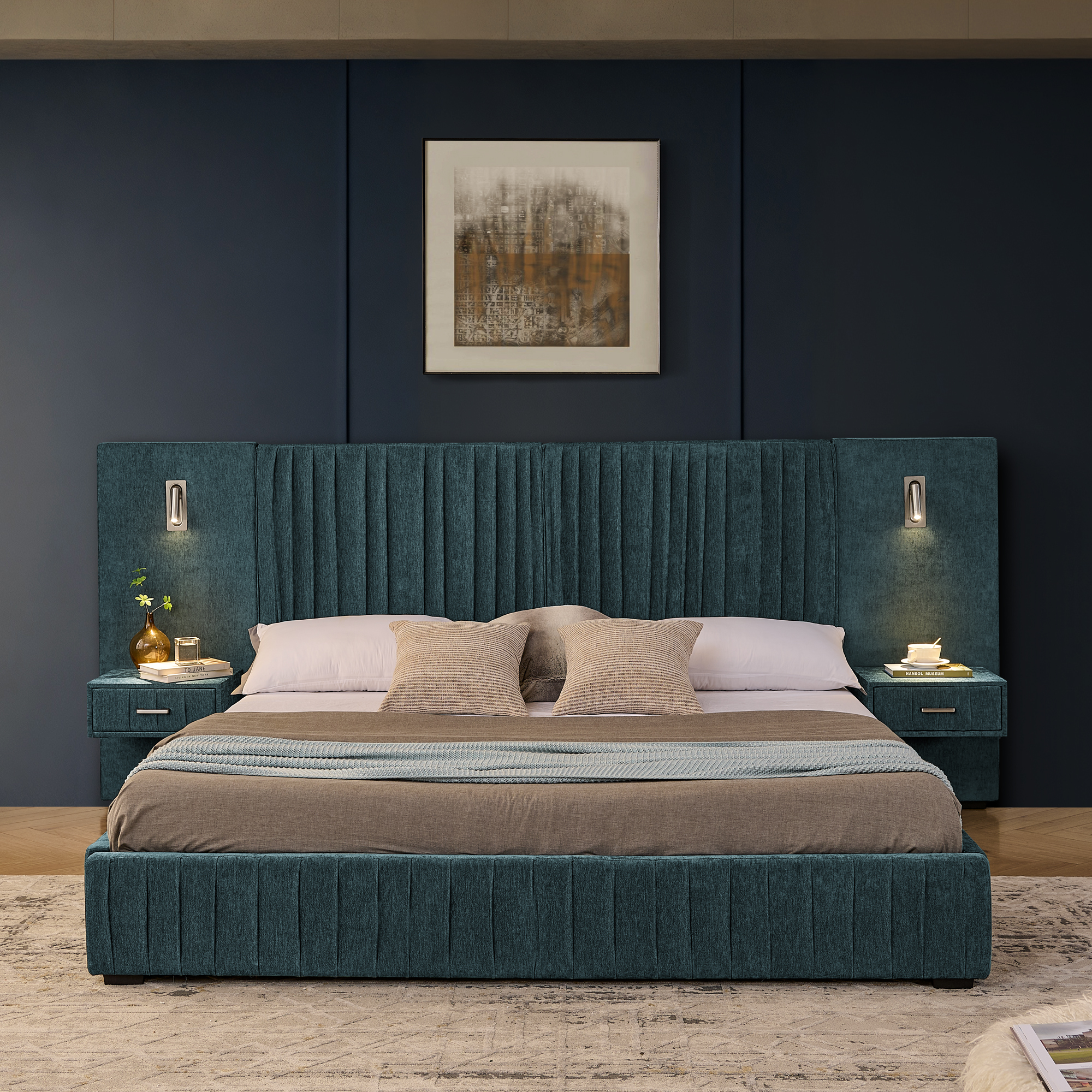 King Size Upholstered Bed Frame with Chenille fabric with pleated design,Grounded King Size Platform Bed with Headboard and Solid Frame and the bedside table.No Box Spring Needed-Blue-Green - Image 3