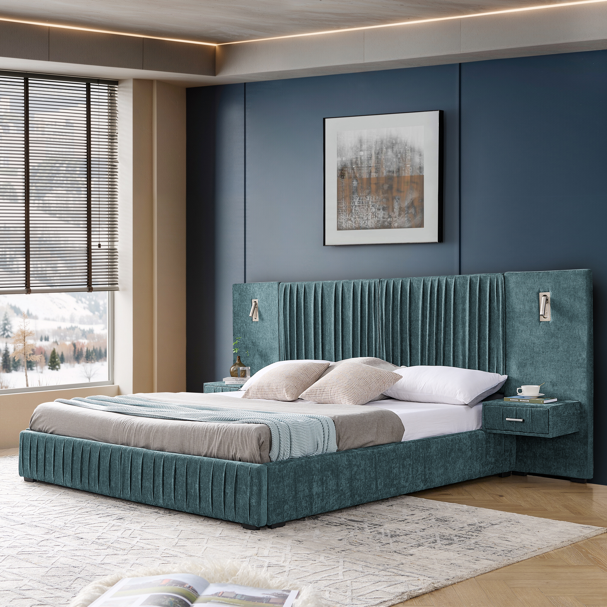 King Size Upholstered Bed Frame with Chenille fabric with pleated design,Grounded King Size Platform Bed with Headboard and Solid Frame and the bedside table.No Box Spring Needed-Blue-Green - Image 4