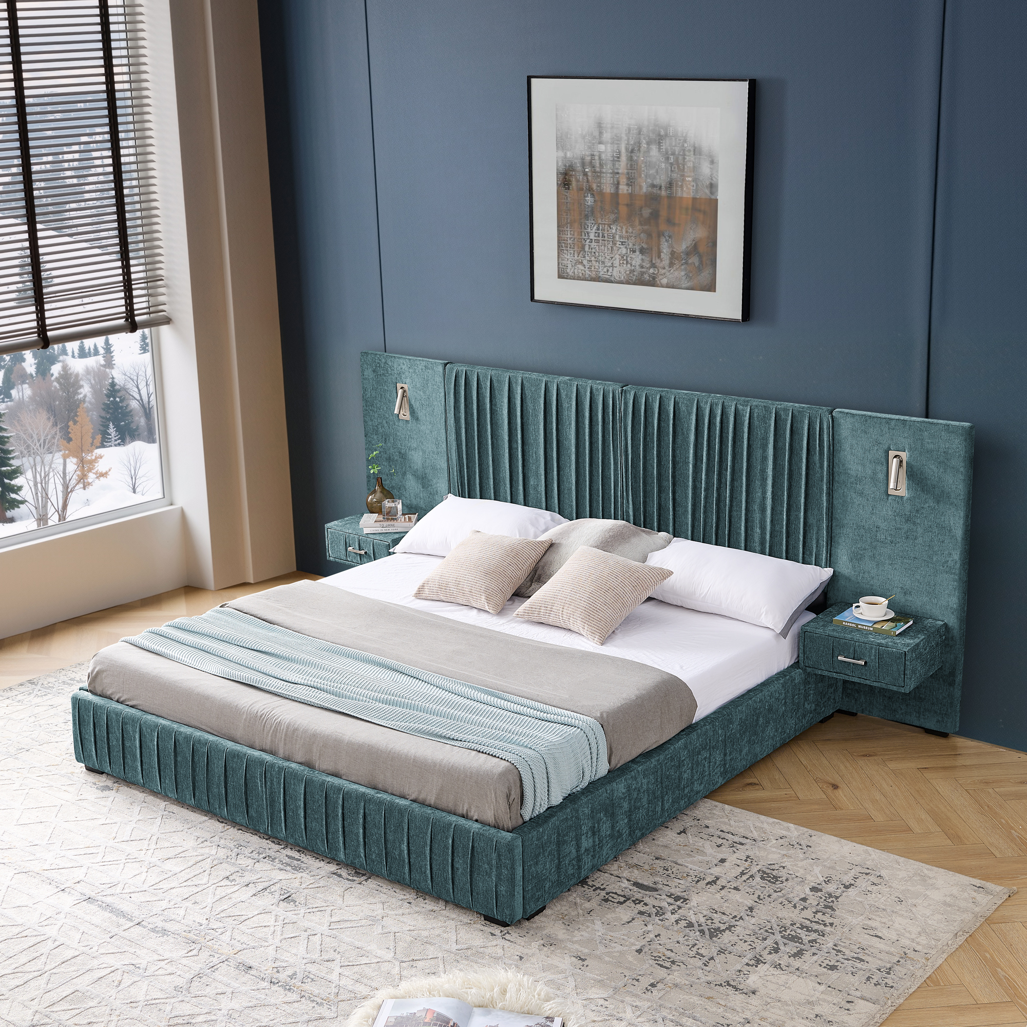 King Size Upholstered Bed Frame with Chenille fabric with pleated design,Grounded King Size Platform Bed with Headboard and Solid Frame and the bedside table.No Box Spring Needed-Blue-Green - Image 5