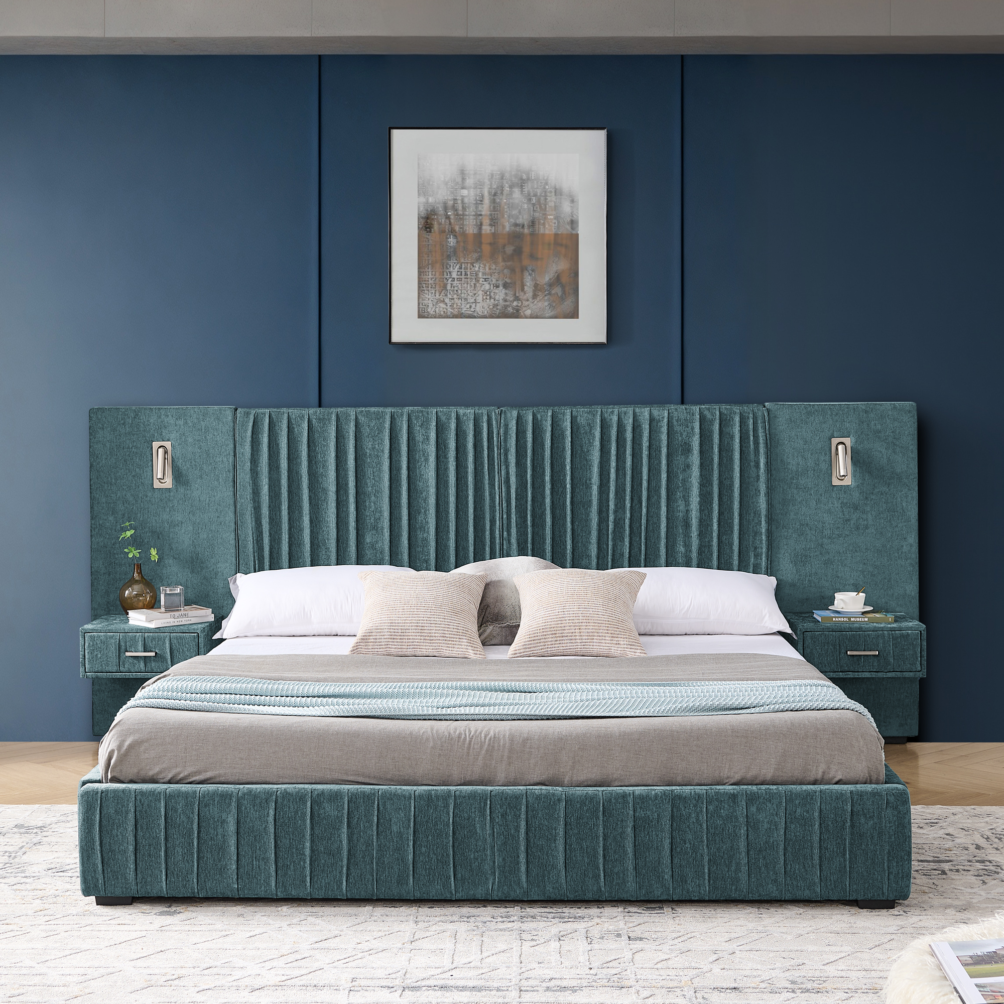 King Size Upholstered Bed Frame with Chenille fabric with pleated design,Grounded King Size Platform Bed with Headboard and Solid Frame and the bedside table.No Box Spring Needed-Blue-Green - Image 6