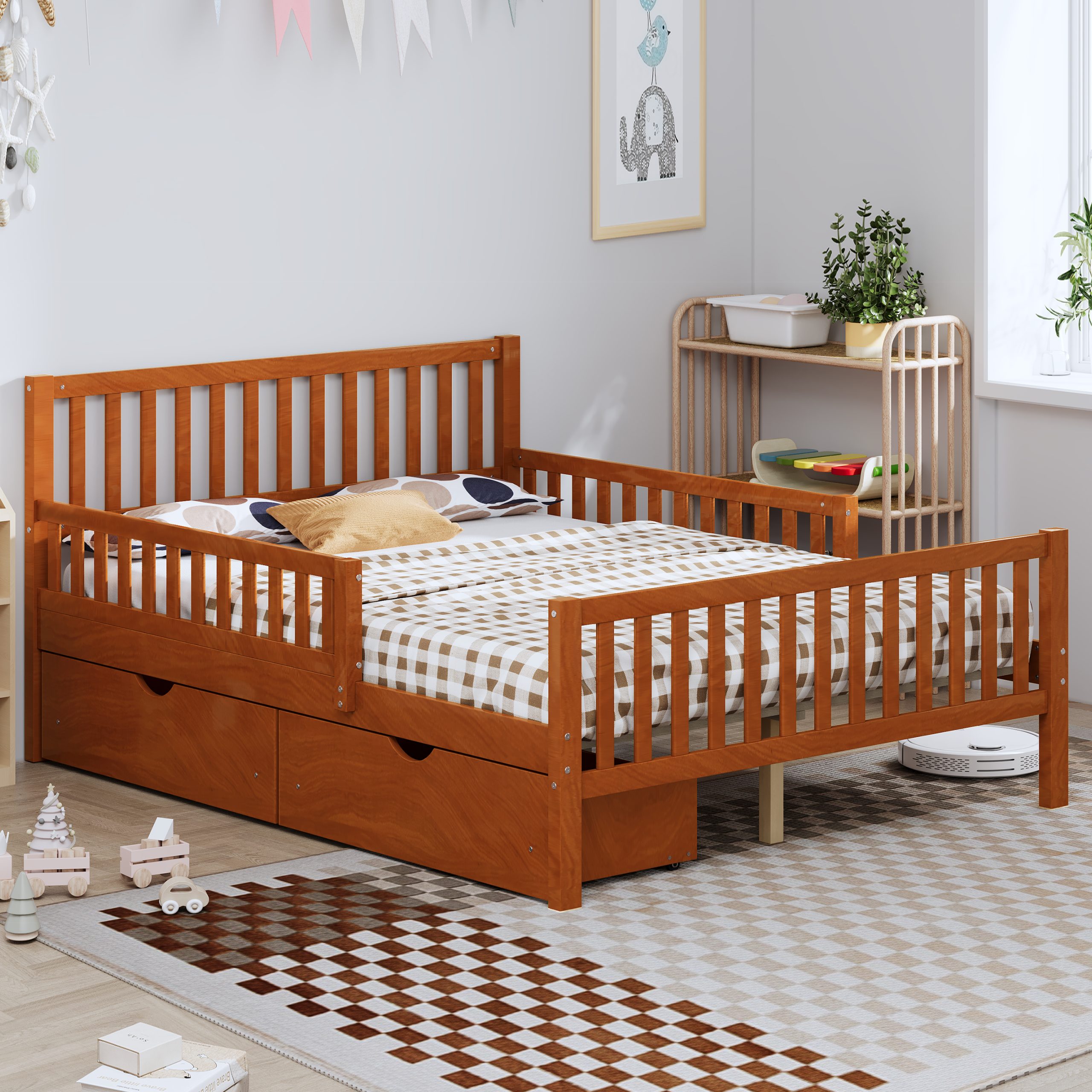 Full Size Wood Platform Bed with Guardrails on Both Sides and Two Storage Drawers, Walnut - Image 2