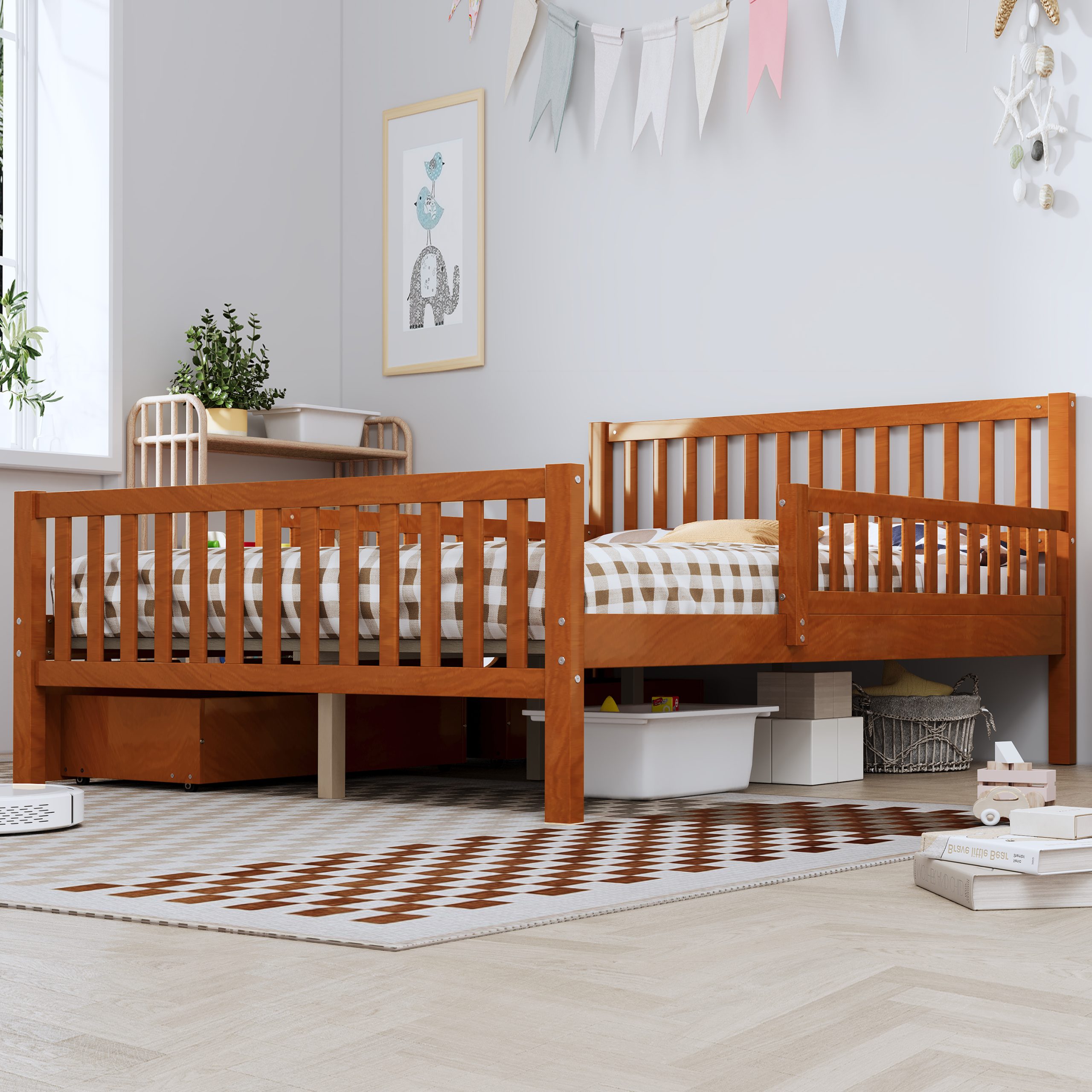Full Size Wood Platform Bed with Guardrails on Both Sides and Two Storage Drawers, Walnut - Image 3