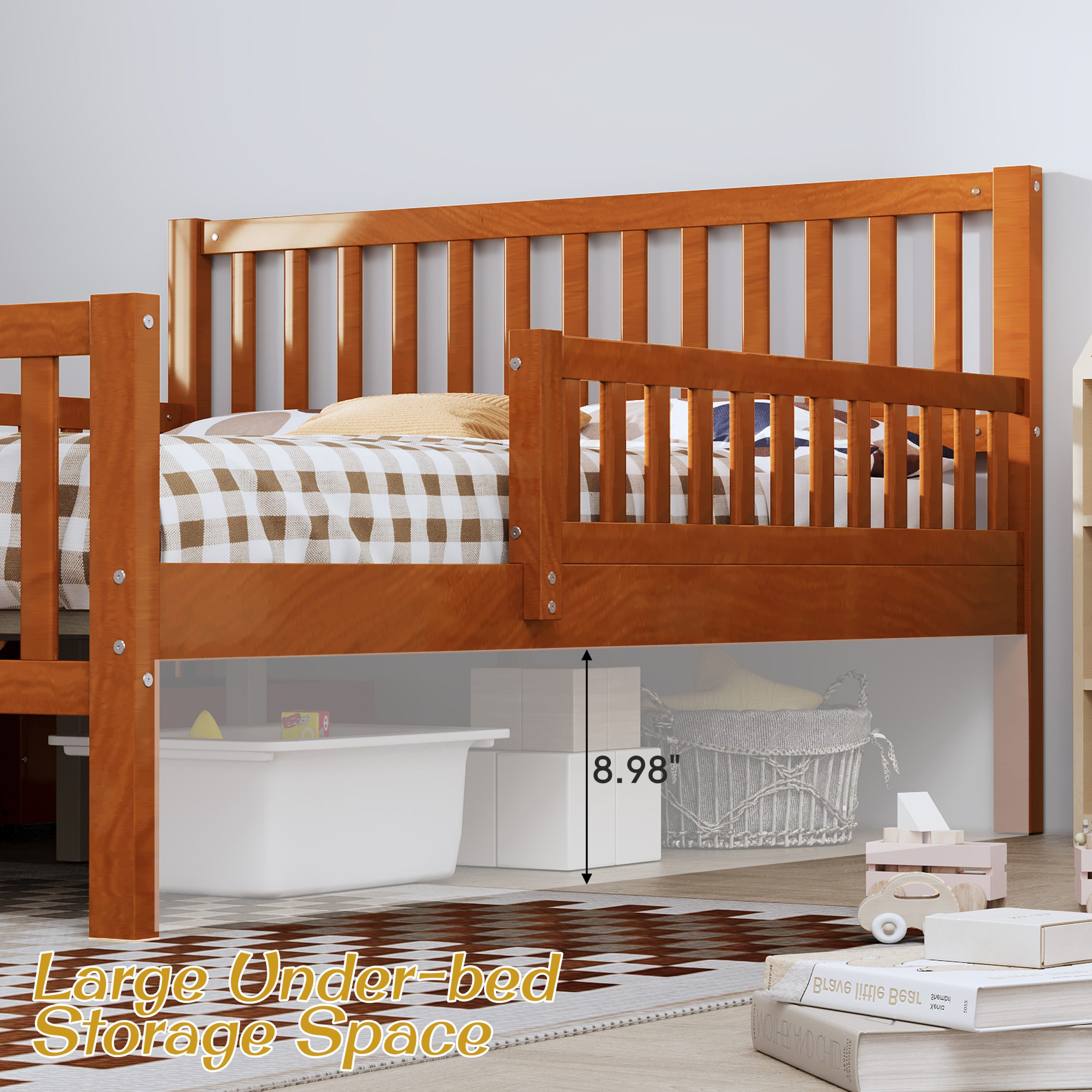 Full Size Wood Platform Bed with Guardrails on Both Sides and Two Storage Drawers, Walnut - Image 5