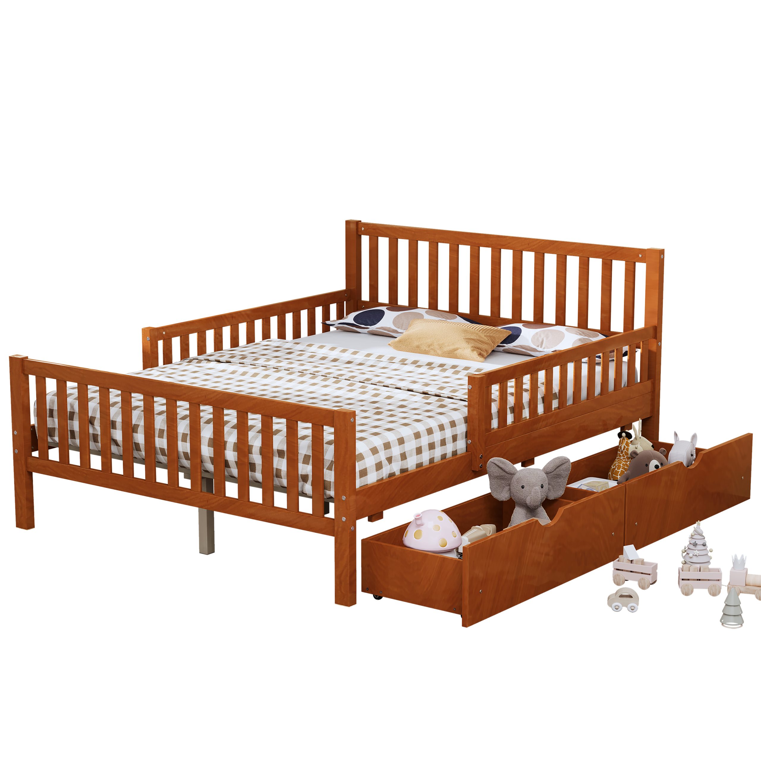 Full Size Wood Platform Bed with Guardrails on Both Sides and Two Storage Drawers, Walnut - Image 6