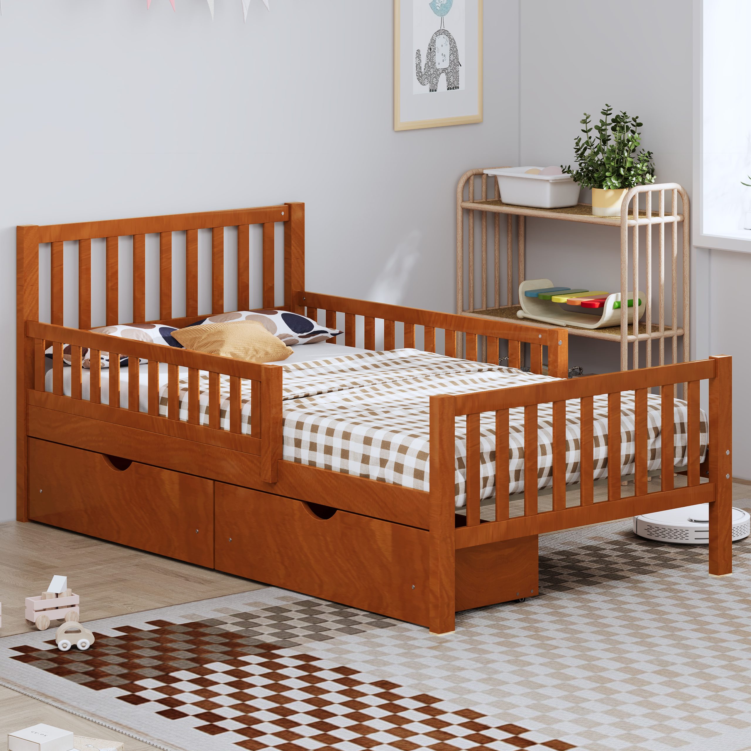 Twin Size Wood Platform Bed with Guardrails on Both Sides and Two Storage Drawers, Walnut - Image 2